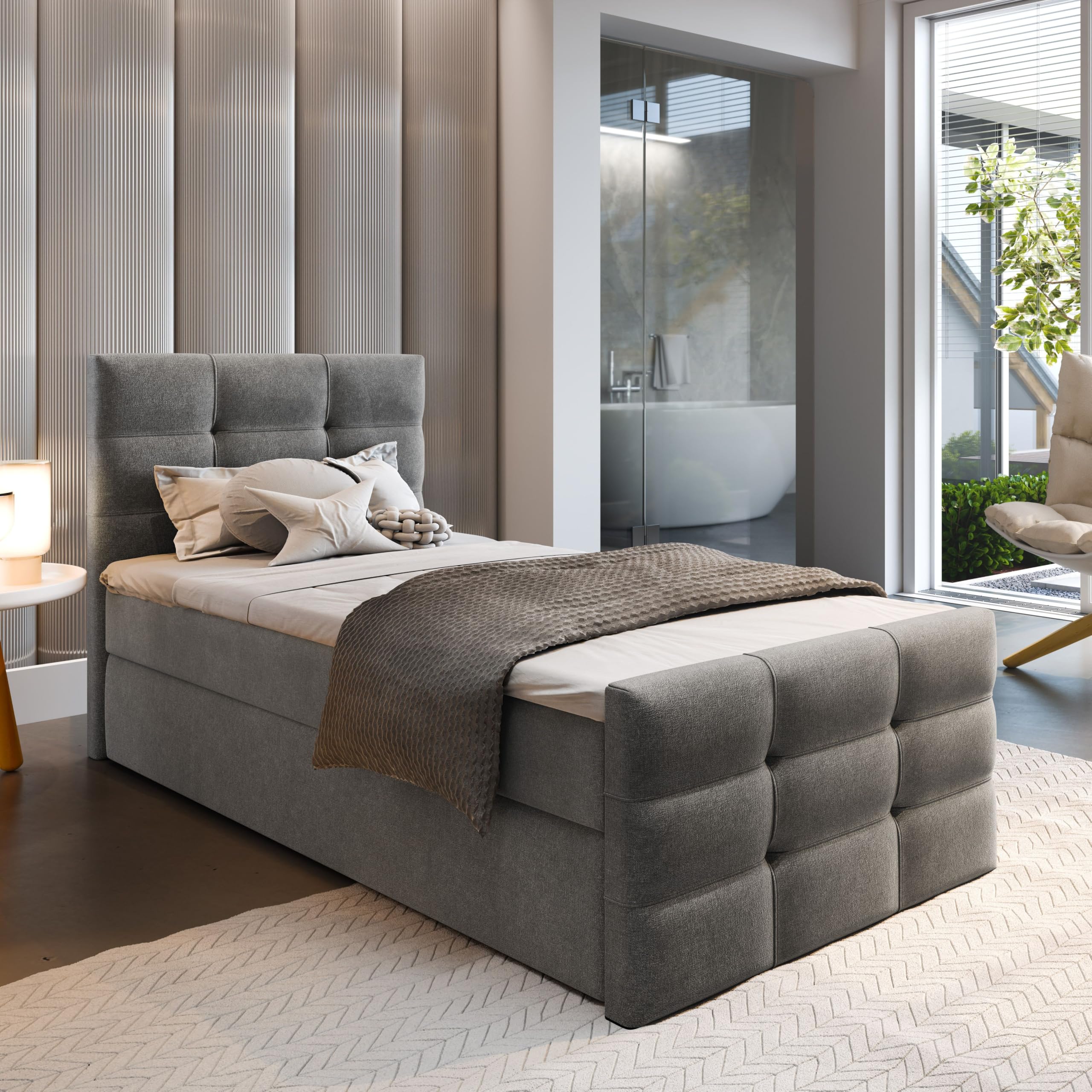 Masseno Boxspringbett Amon 100 100x200 cm Komplett-Set mit Matratze und Topper, Polsterbett mit Zwei Bettkästen -Grau, Cosmic 160