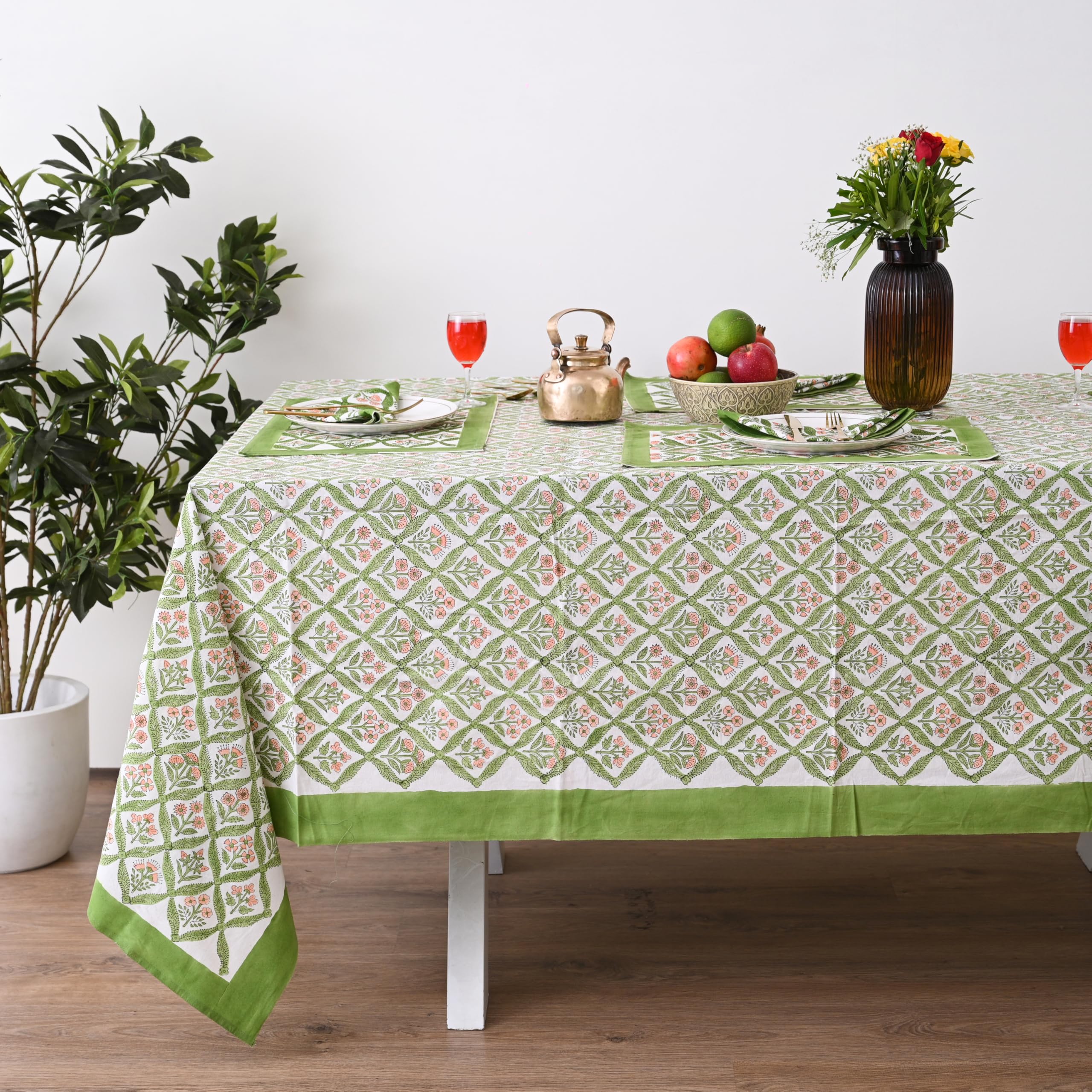 UrbanWeavers Hand Block Printed Tablecloth, Colorful Floral Print, Indian Artisan Handmade Art, Dining Room, Kitchen, Outdoor Décor, (Fresh Green Leaves, 10 Seater 72 x 118 Inches Rectangle)