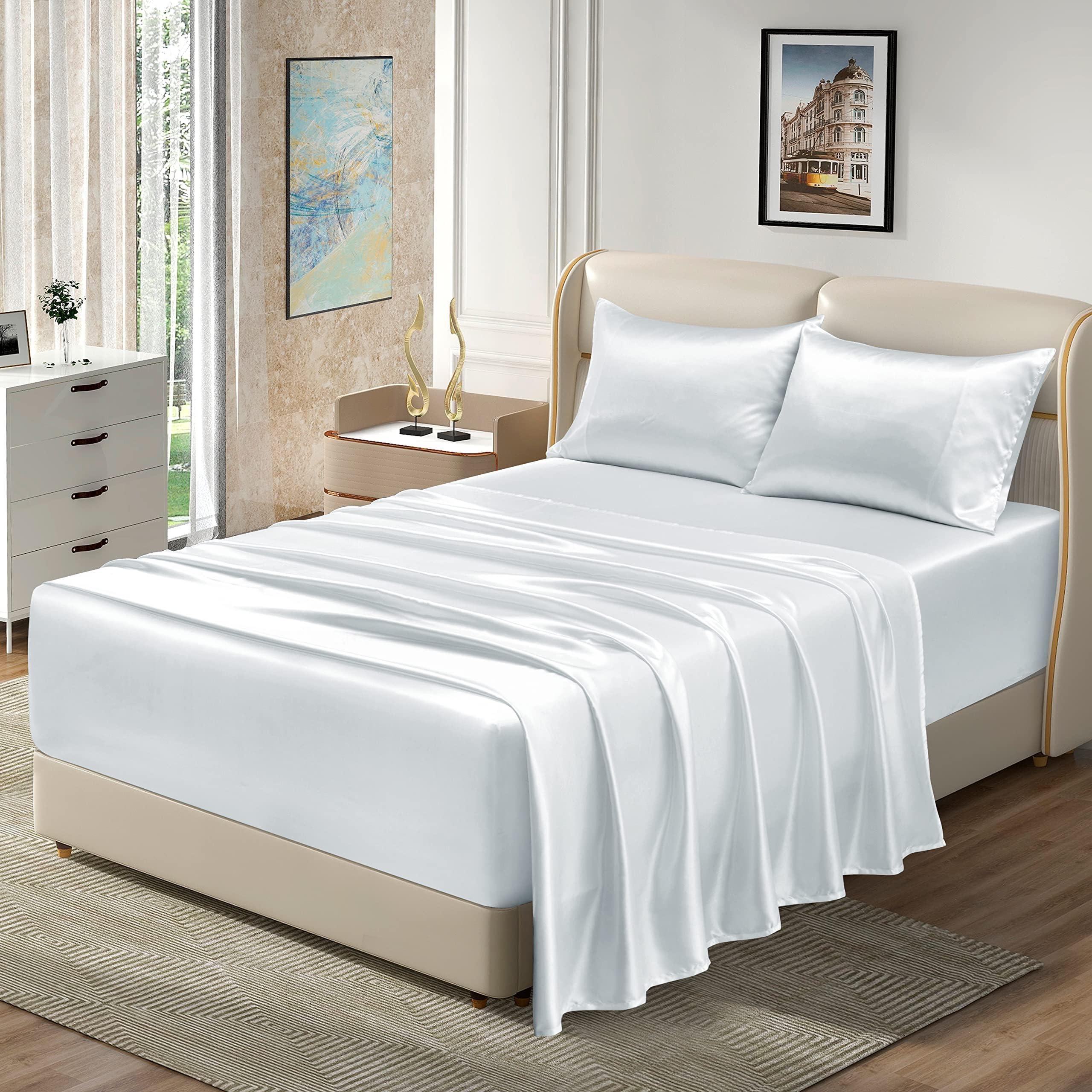 Homiest 4pcs Extra Deep Pocket Satin Sheets Full Size Bed Set, 18-24 Inch Deep Pocket Bed Sheets White Satin Sheet Set, Silky Satin Bedding Set Luxury Fitted Sheet Set Fits Ultra Deep Mattress