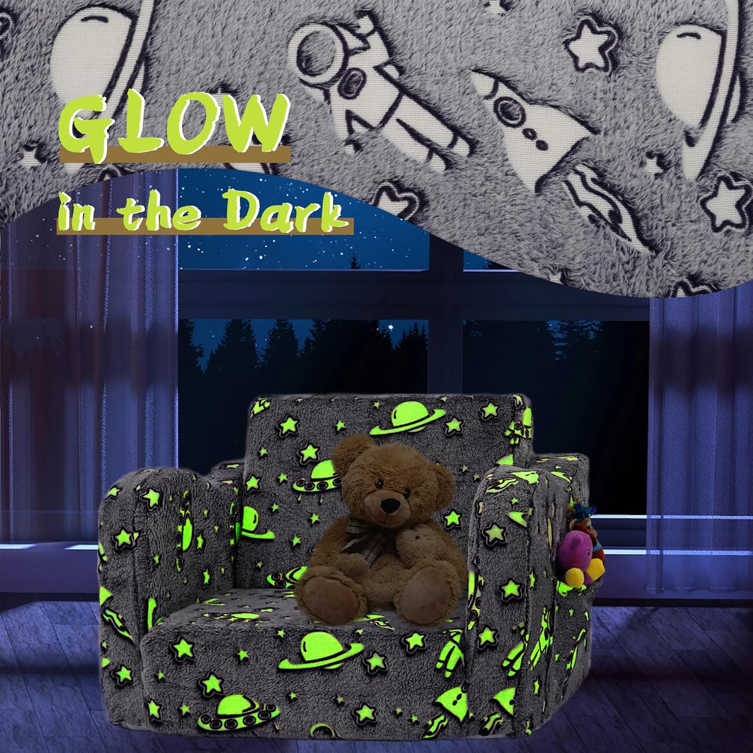 Toddler Couch Bed, 2 in 1 Kids Sofa Couch Fold Out, Toddler Couches That Fold Out, Glow in The Dark Convertible Sofa to Lounger for Girls and Boys