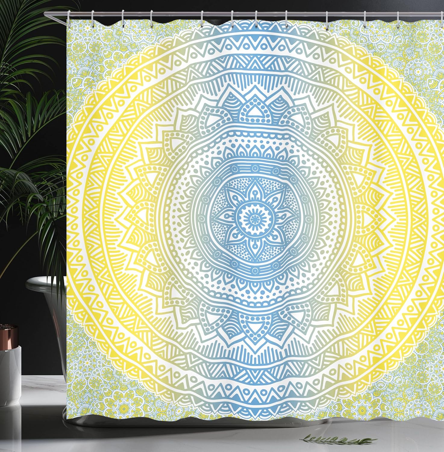Ambesonne Blue and Yellow Shower Curtain, Ombre Mandala Oriental Universe and Themed Image Art, Cloth Fabric Bathroom Decor Set with Hooks, 69" W x 70" L, Yellow Blue