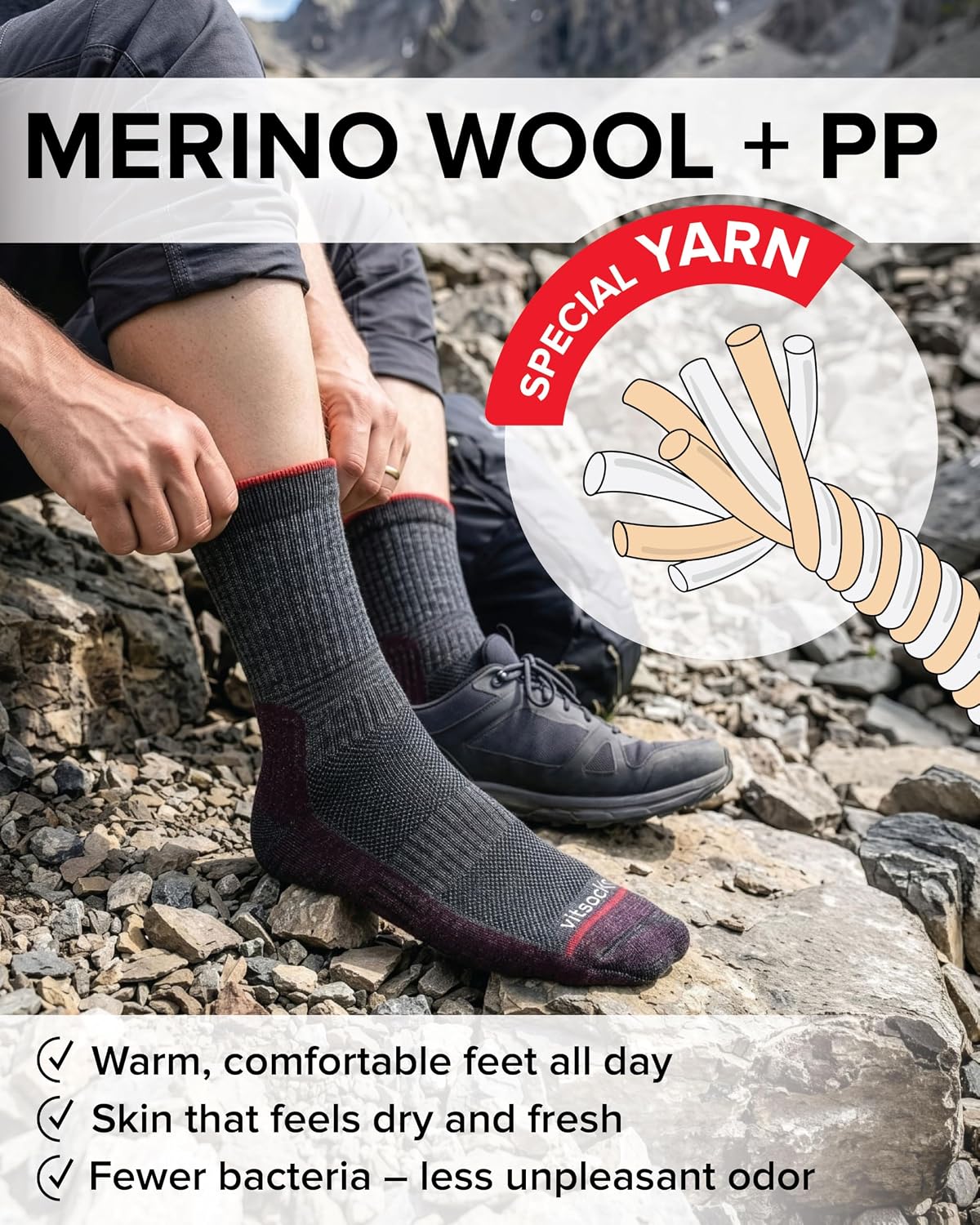 Men's Outdoor Hiking Walking MERINO WOOL Thick Boot Socks, Anti-Blister Cushioned Warm Wicking Trekking Camping image 5