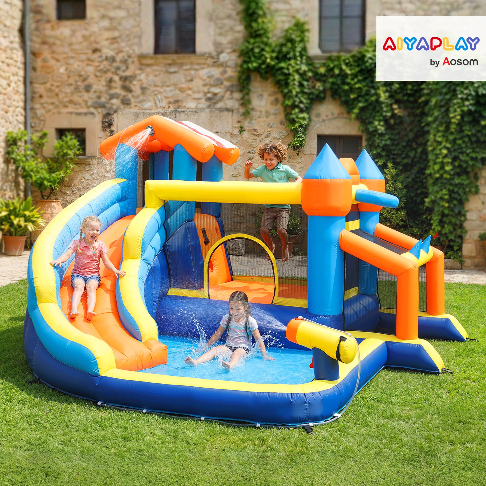 AIYAPLAY Castillo Hinchable Acuático 8 en 1 con Soplador 550W Castillo Hinchable Niños con Tobogán Extralargo Seco/Mojado Zona de Salto Escalada Piscina Portería Canasta Exterior Interior 350x325x210