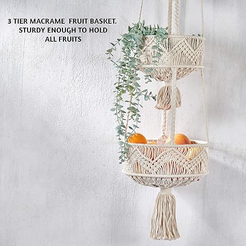Miniatura 2 de Folkulture Cesta colgante de frutas de 3 niveles para cocina, cesta colgante de macramé para almacenamiento de frutas y verduras, cestas de pared