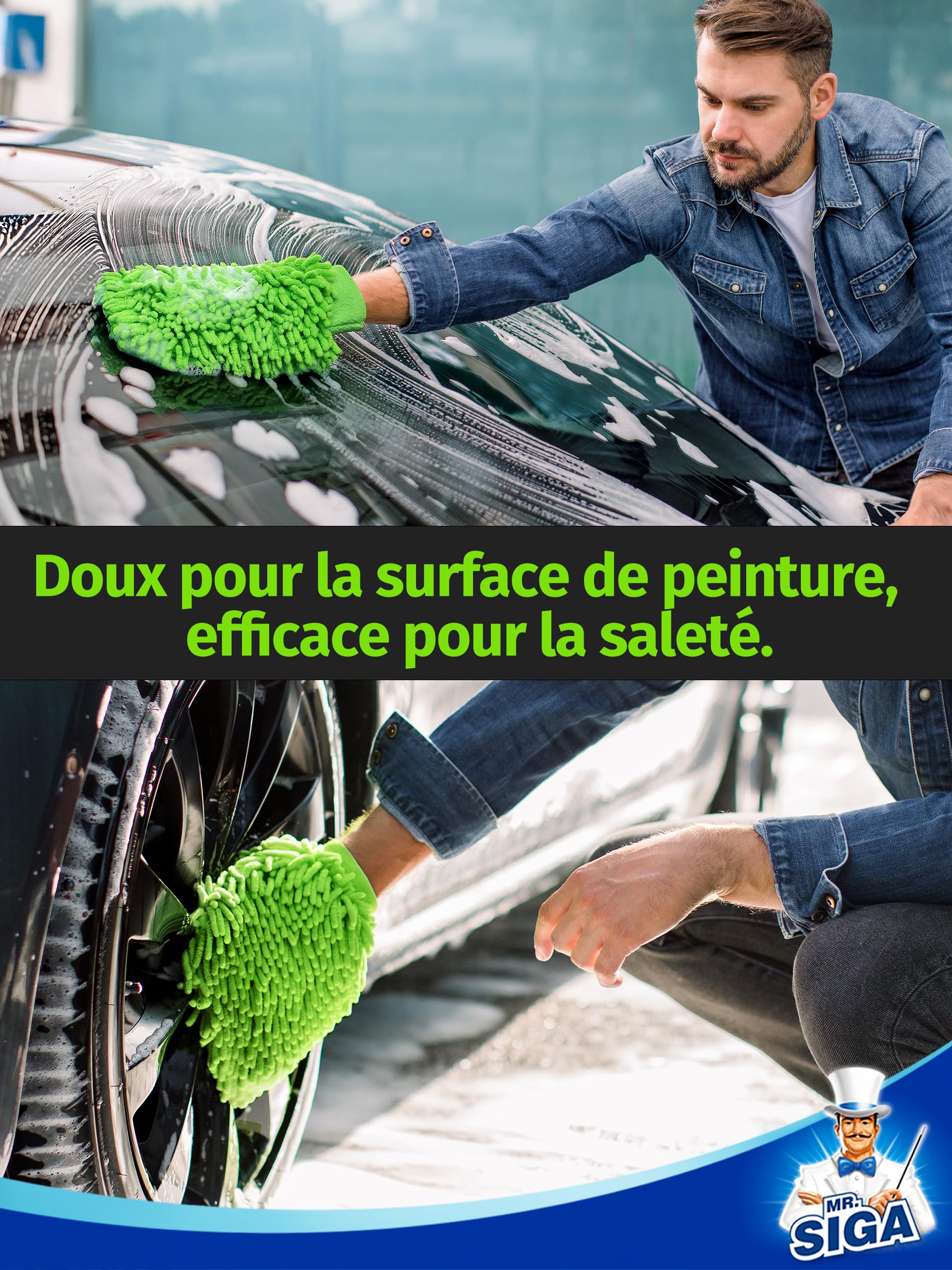 MR.SIGA Gant de Lavage en Microfibre de Chenille Souple Surchoix | Gant Microfibre pour Nettoyage de la Voiture, Lot de 2, Gris et Vert