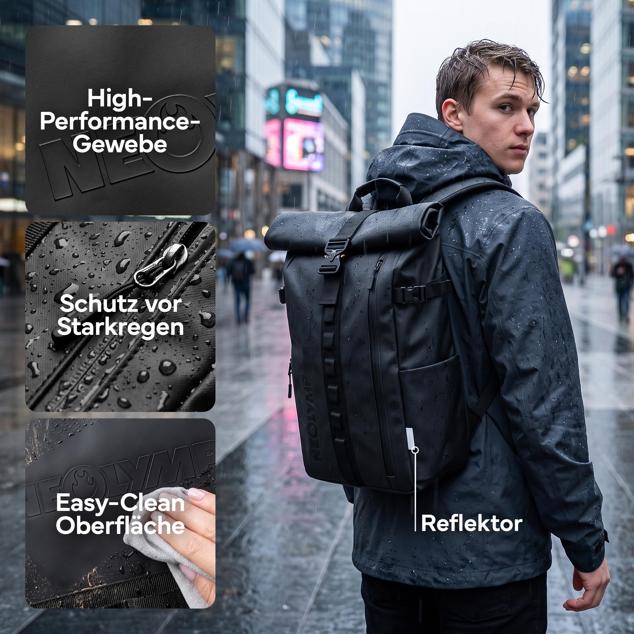 NEOLYMP Zaino da uomo e donna, impermeabile, con grande scomparto per laptop, Wet Case e accesso alla schiena, espandibile in modo flessibile, zaino da viaggio, zaino da trekking, zaino sportivo