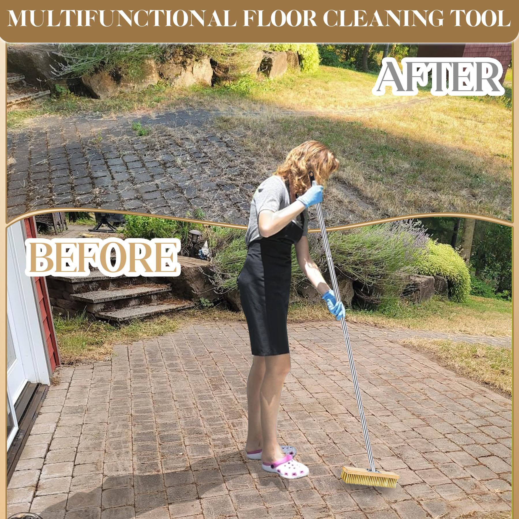 TZEKING Scopa Metallica per Giardino con Manico 150cm, Spazzola con Setole Metalliche Rigide 30cm,per Muschio e Macchie Ostinate