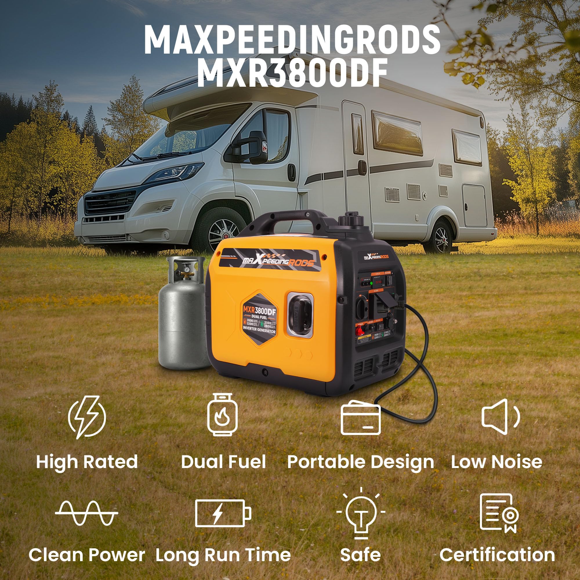 maXpeedingrods Generador de corriente de 3500 W LPG/gasolina inversor de doble combustible, con enchufe de 230 V/16 A; 2 puertos USB para camping, viajes al aire libre