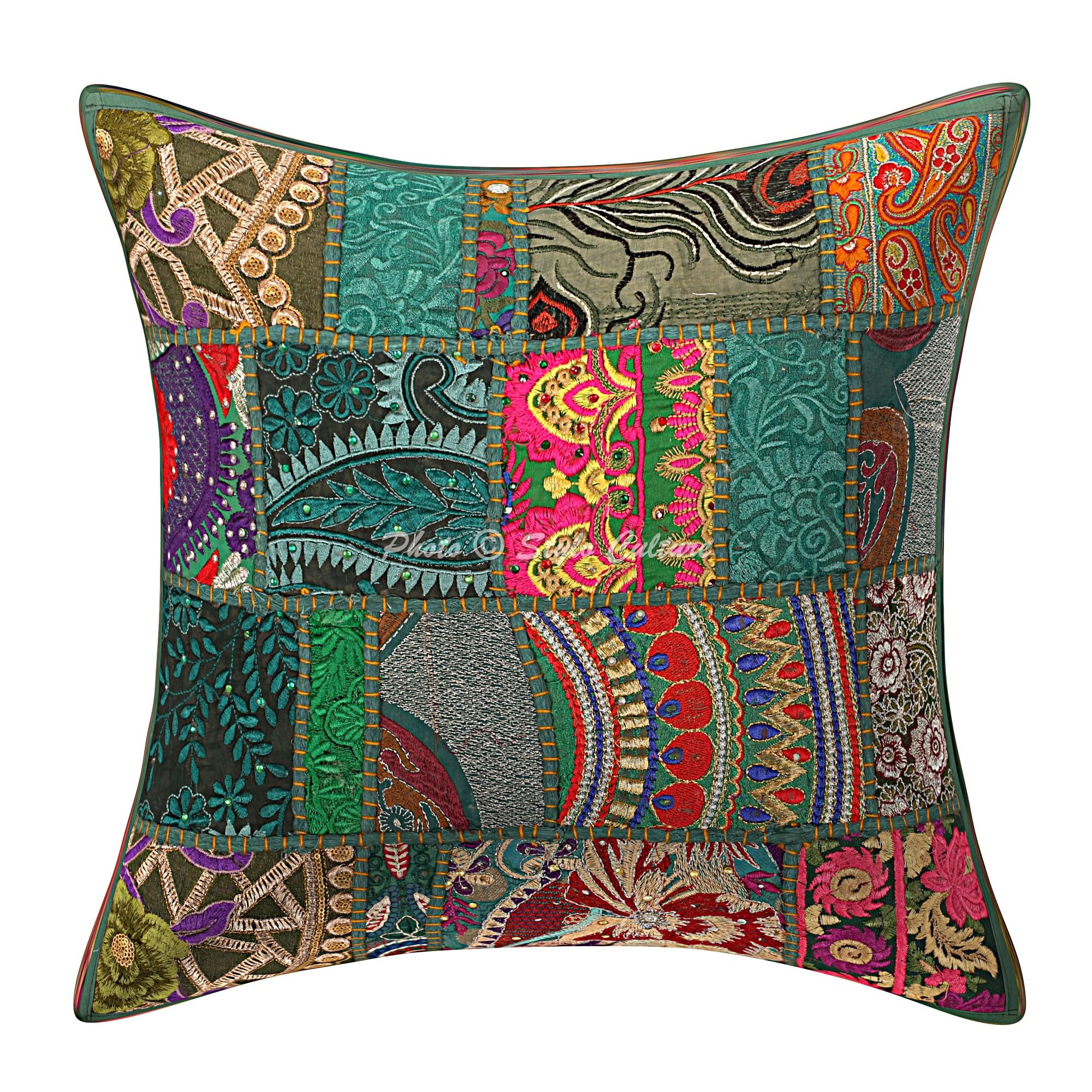 Bohemien Dekorativ Baumwolle Couch Kissenbezüge 40x40 cm Dunkelgrün Dekokissen Vintage Patchwork Schlafzimmer Sofa Kissen Bezüge Blumen Quadrat Umschlagverschluss Kissenhullen - 5 STK.