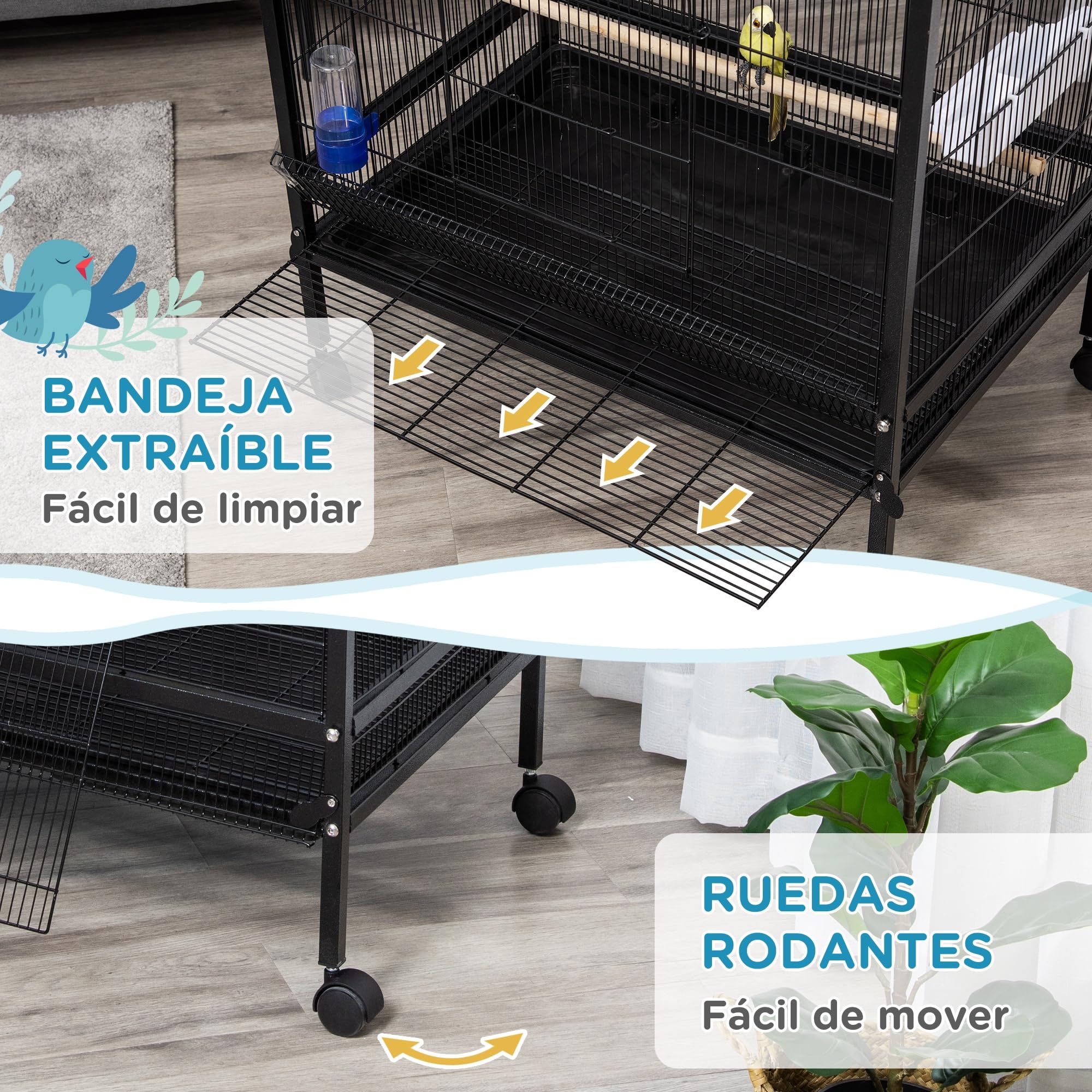 PawHut Jaula para Pájaros Pajarera con 4 Ruedas 4 Puertas 4 Comederos 2 Perchas Bandeja y Bebedero para Loros Canarios Periquitos 79x52x137 cm Negro