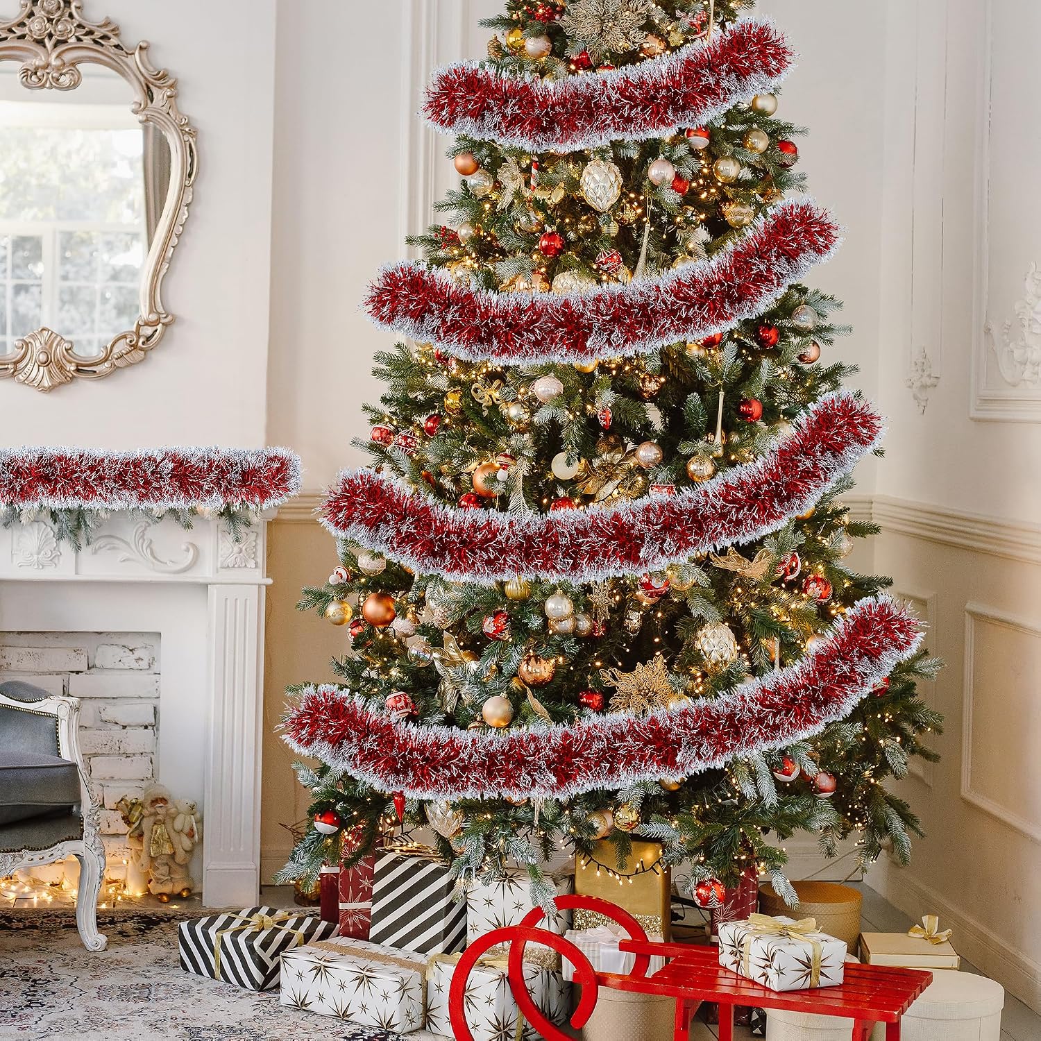 50FT Christmas Tinsel Garland Red Metallic Twist Xmas Frosted Tip Hanging Garland for Christmas Tree Decoration Indoor Outdoor Home Holiday Party Decor