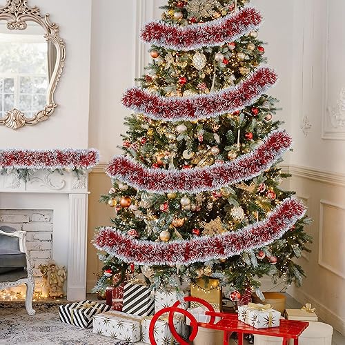 Miniatura 4 de Tifeson Guirnalda de oropel de Navidad de 50 pies, decoración de árbol de Navidad, guirnalda colgante de oropel metálico con purpurina roja y blanca