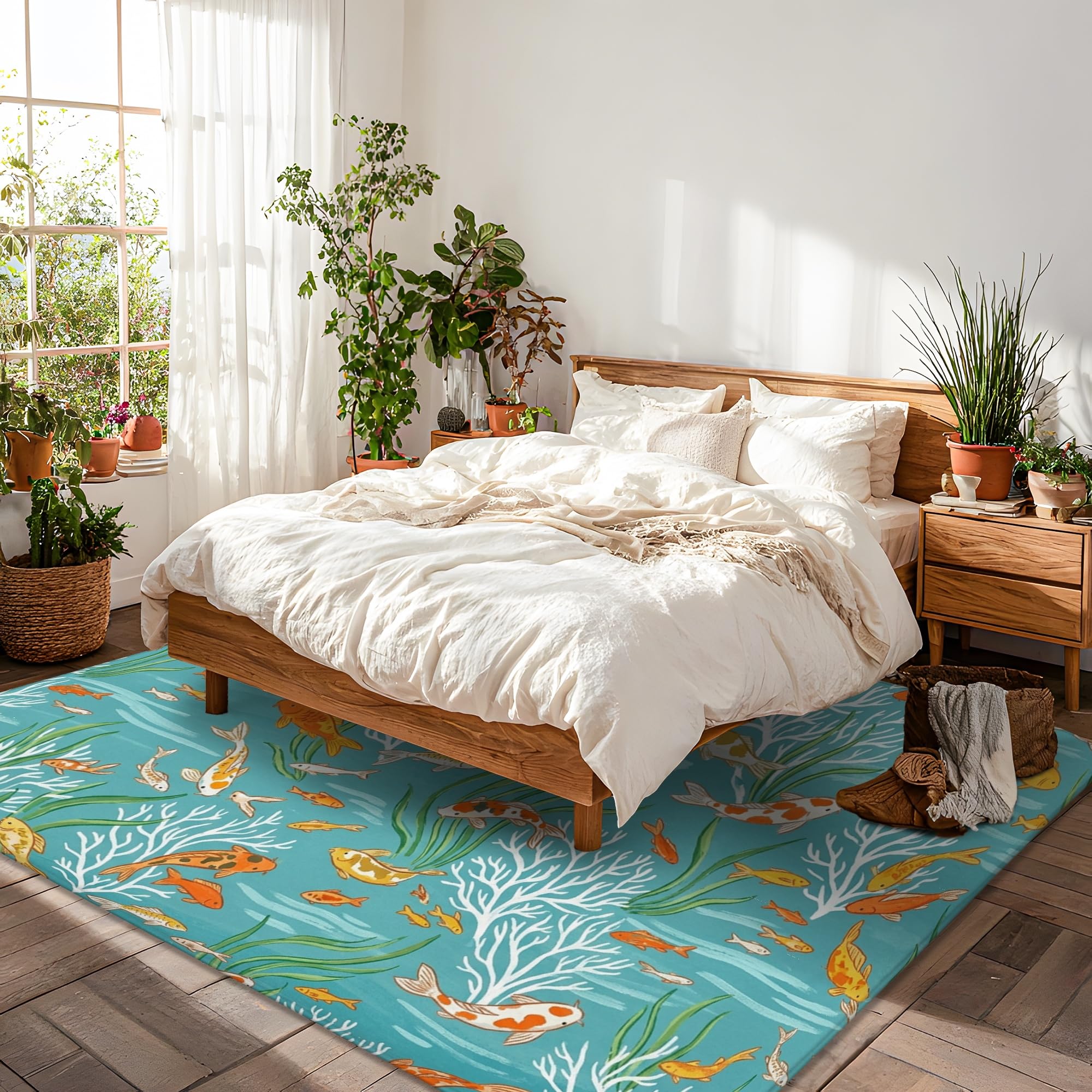 Alfombra de área de peces de carpa, naturaleza acuática, algas marinas de verano, turquesa, antideslizante, rectangular, alfombras de suelo para sala de estar, dormitorio, decoración de comedor, hogar