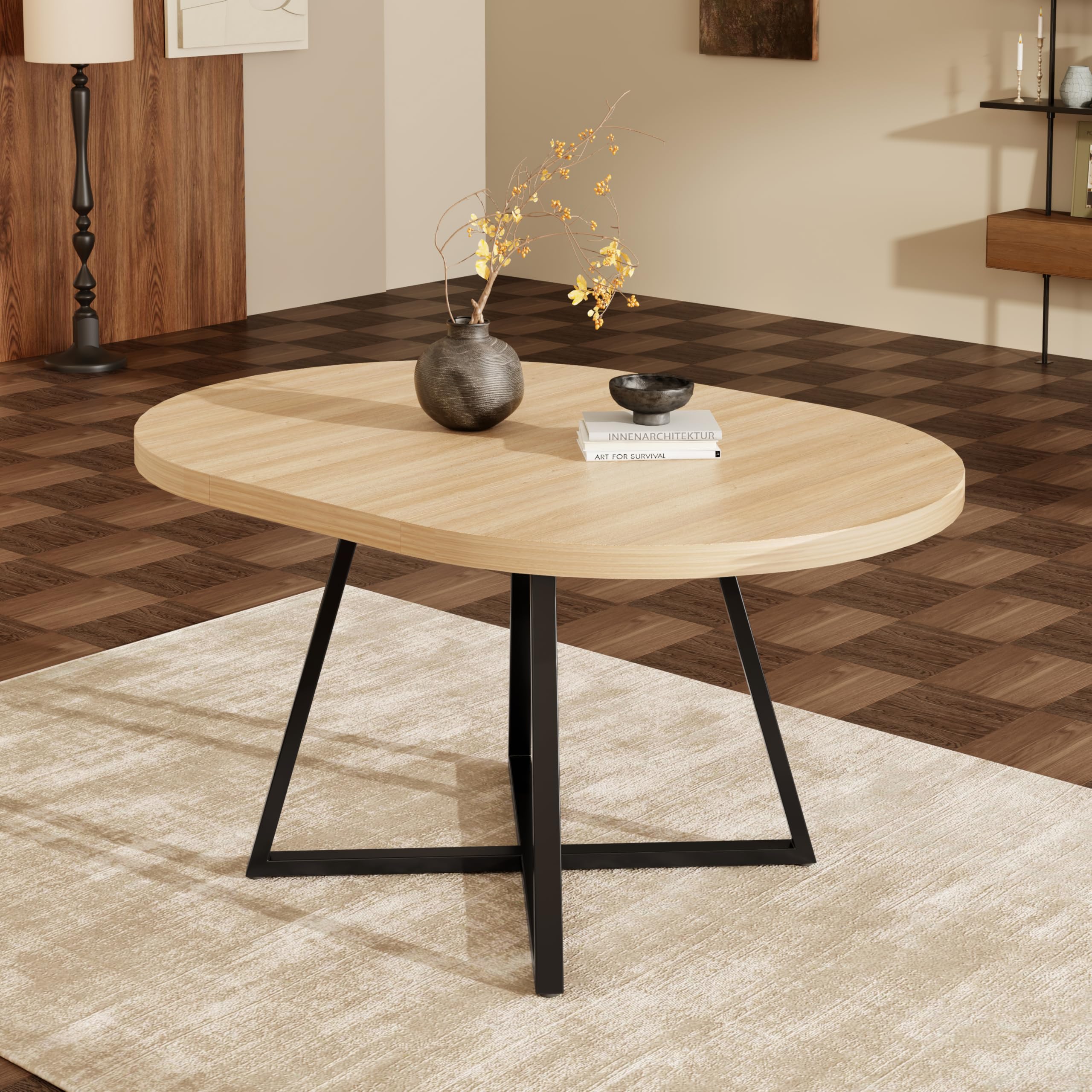 Okrągły wysuwany stół do jadalni 100/140 x 100 cm dla 4-6 osób, blat stołu MDF o grubości 3 cm ze stabilnymi metalowymi nogami, zajmuje mało miejsca do jadalni, kuchni, salonu (wygląd dębu)