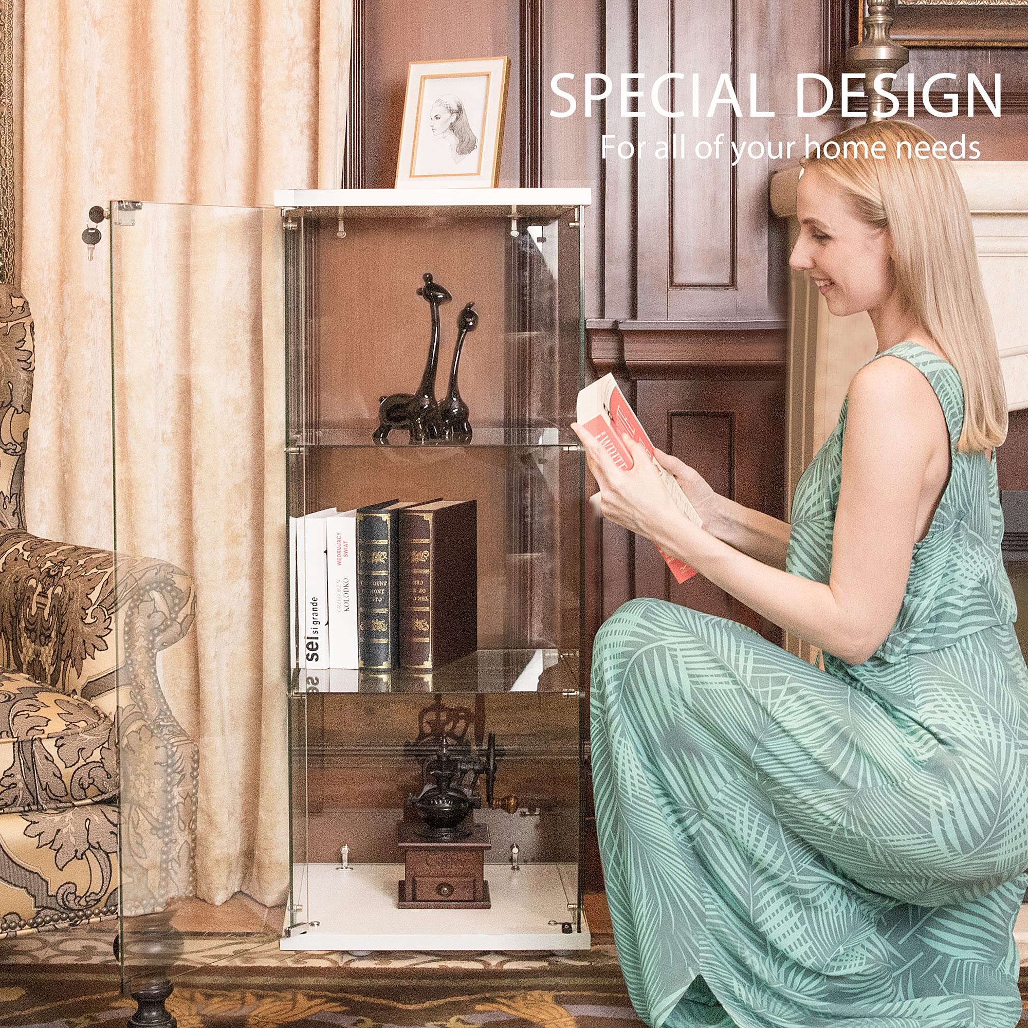 VIVOHOME 3 Layers 16''W x 16''D x 34''H Glass Countertop Display Showcase Cabinet Bookcase with Lock, 4mm Tempered Glass 25mm MDF Base