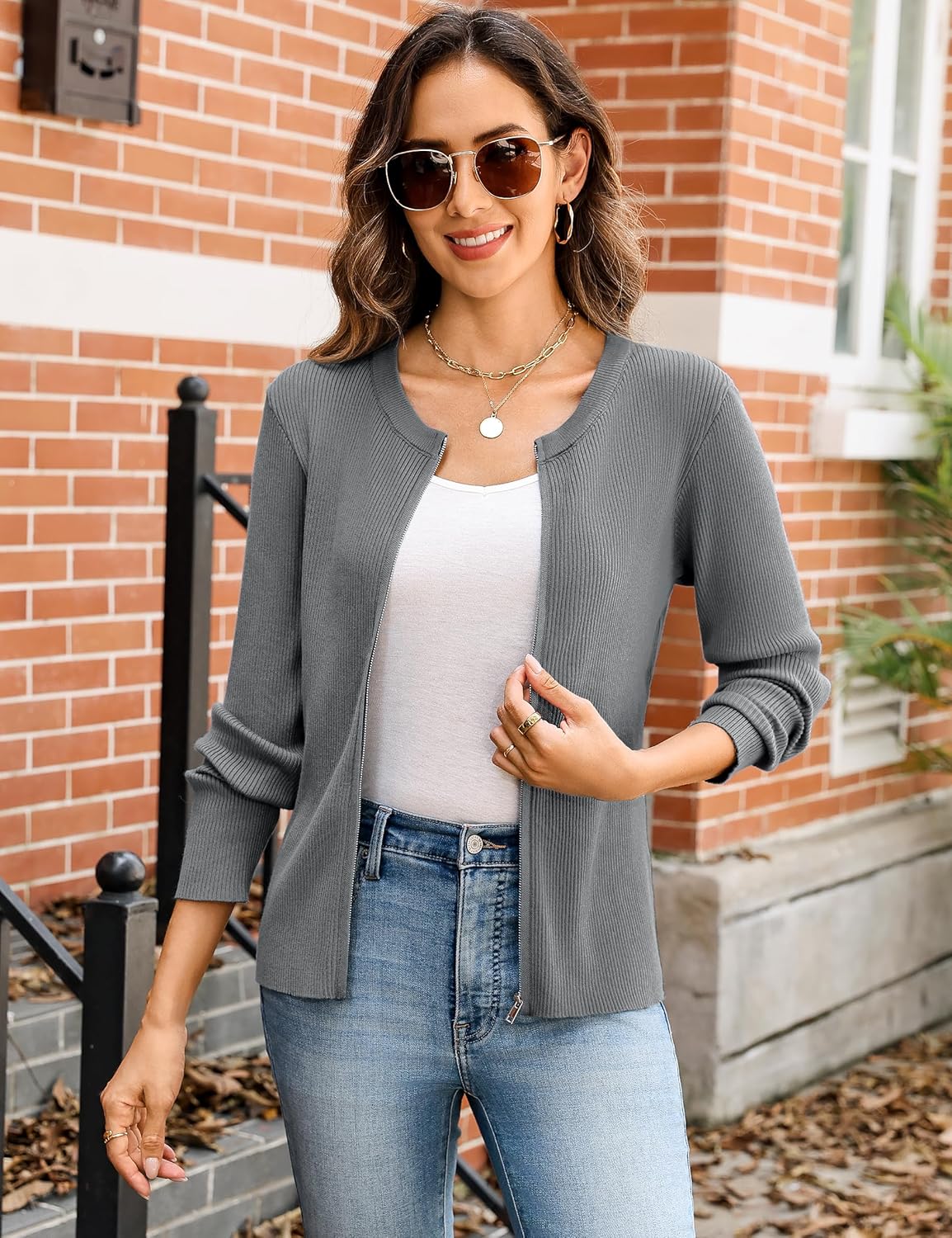 Totatuit Women's Long Sleeve Zip Up Sweater Lightweight Cardigan Crew Neck Tops Zipper Knitted Jacket - Image 2