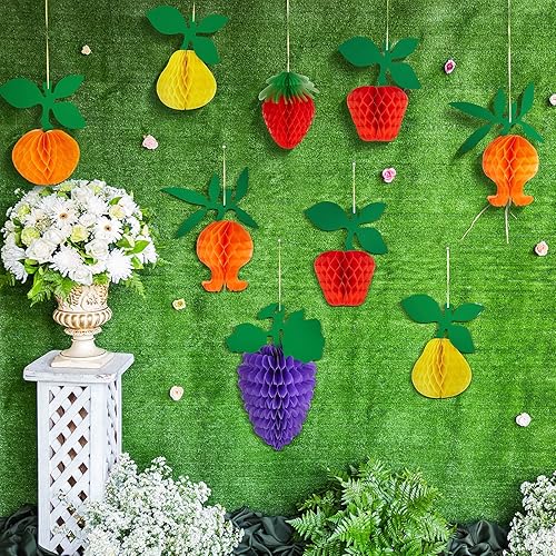Miniatura 7 de Outus 12 piezas de decoraciones de fiesta de frutas colgantes de panal de abeja, bola de papel de seda de fresa y manzana, centros de mesa para