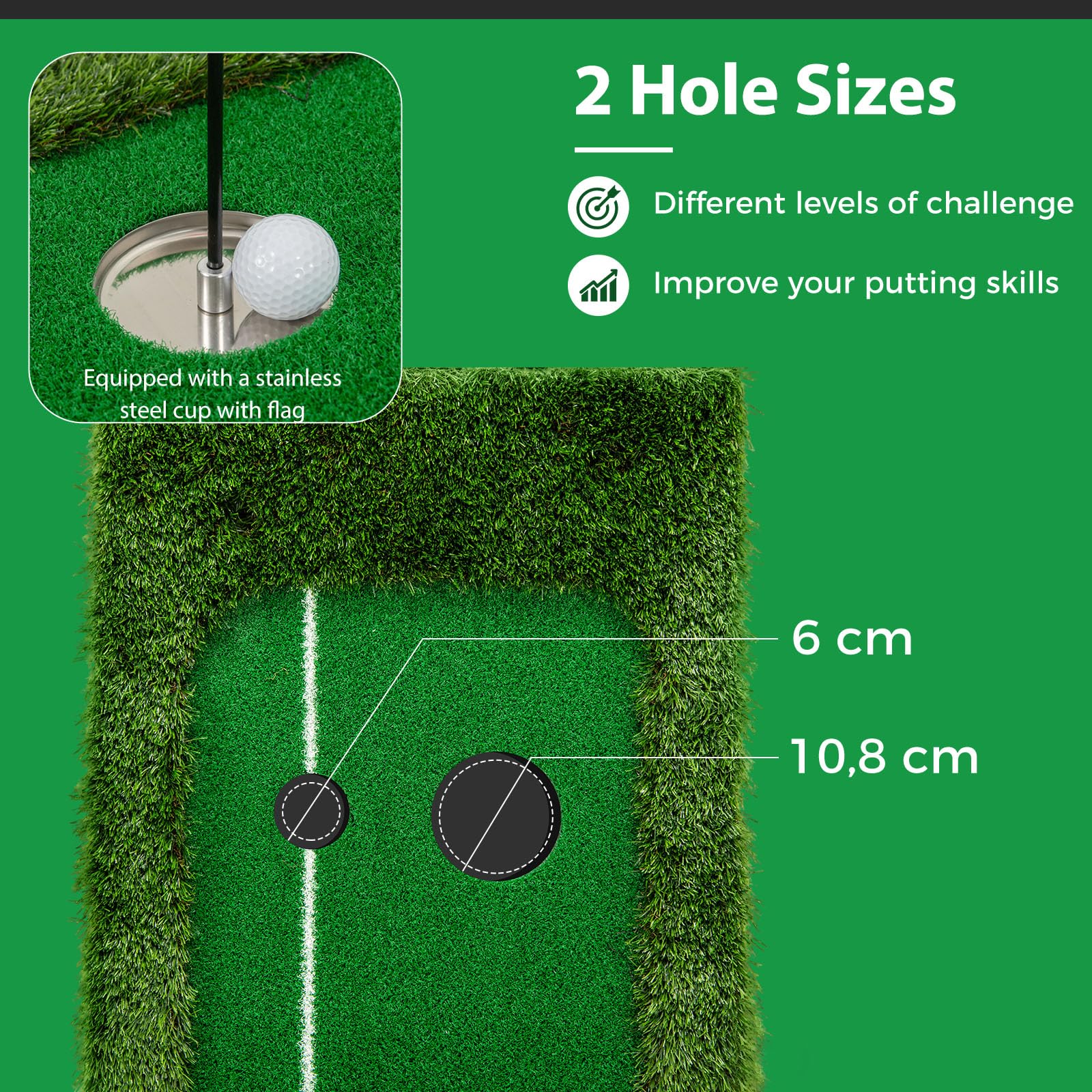 LIFEZEAL Alfombrilla de golf de 300 cm, equipo de entrenamiento de golf con 3 pelotas de golf, mini esterilla de ejercicio con 2 tamaños de agujeros para interior, exterior, alfombrilla de putting