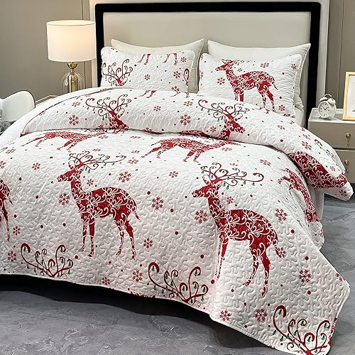 Miniatura 2 de Juego de edredón de Navidad, tamaño Queen, diseño de árbol de Navidad, copos de nieve, reno, retazos, juego de colcha de 3 piezas, reversible,