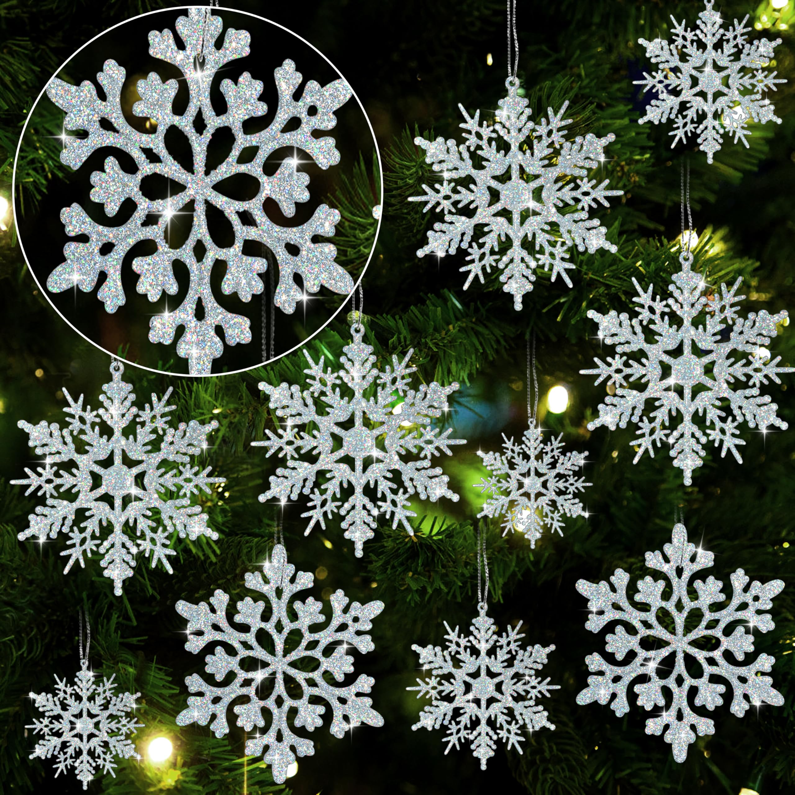 36 Stück schillernde silberne Weihnachts-Schneeflocken-Ornamente, Kunststoff funkelnde Glitzer-hängende Schneeflocken für Weihnachtsbaumschmuck, Winterwunderland, Frozengeburtstag, Party, Urlaub