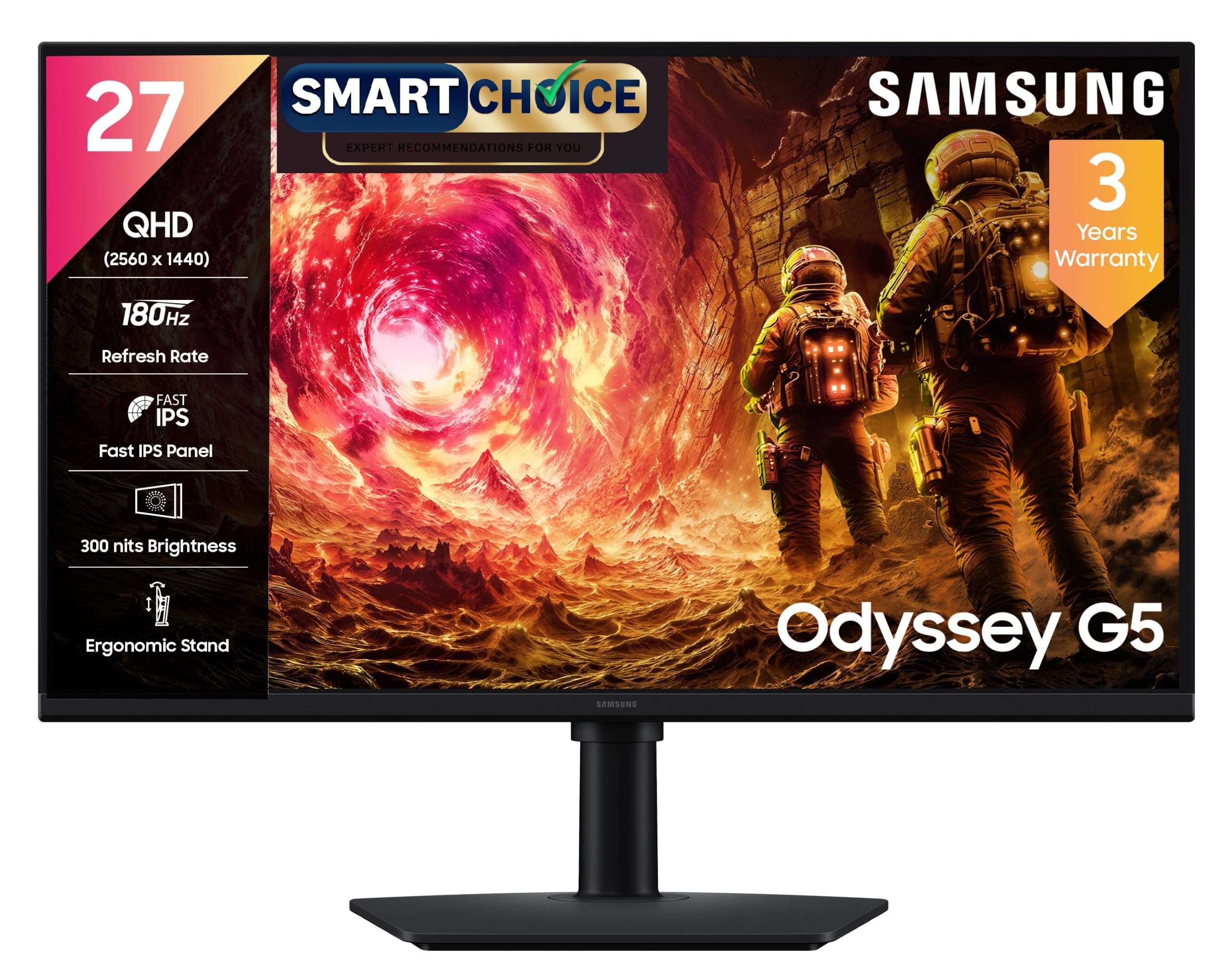 Samsung 27" Odyssey G5 Fast IPS Gaming Monitor (Smartchoice) | QHD 2560 x 1440 | 180 Hz | 1ms | 300nits| HDR10 | AMD FreeSync| G-Sync| Ports-DP,HDMI,Headphone| Ergonomic Stand | LS27FG502EWXXL | Black