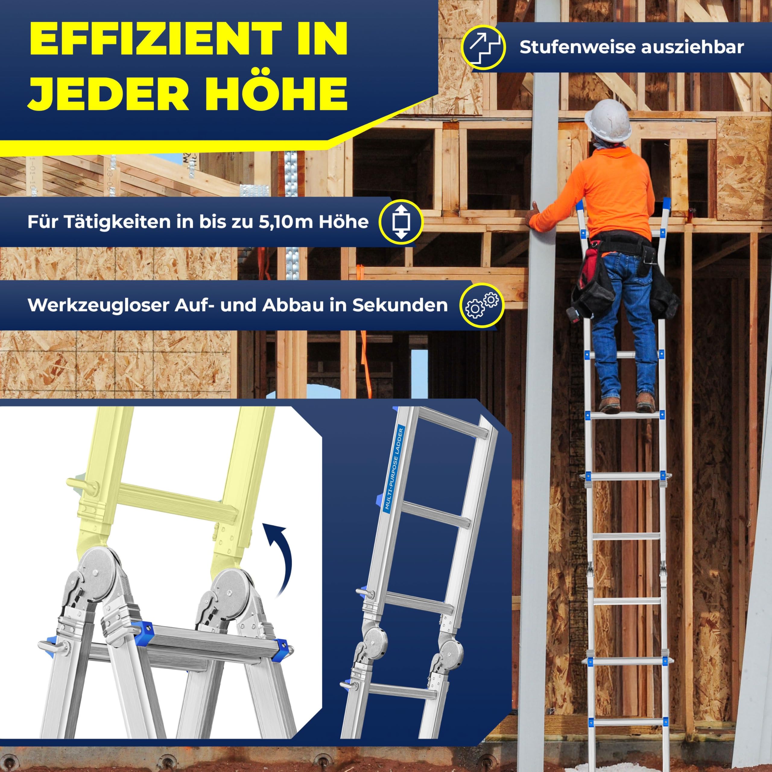 MASKO® scala in alluminio rampa multiuso 5,10m 4x5 pioli Struttura telescopica ✓ multifunzione ✓ scala pieghevole ✓ Sistema di accesso estensibile ✓ di prolunga ✓ telescopico da salita