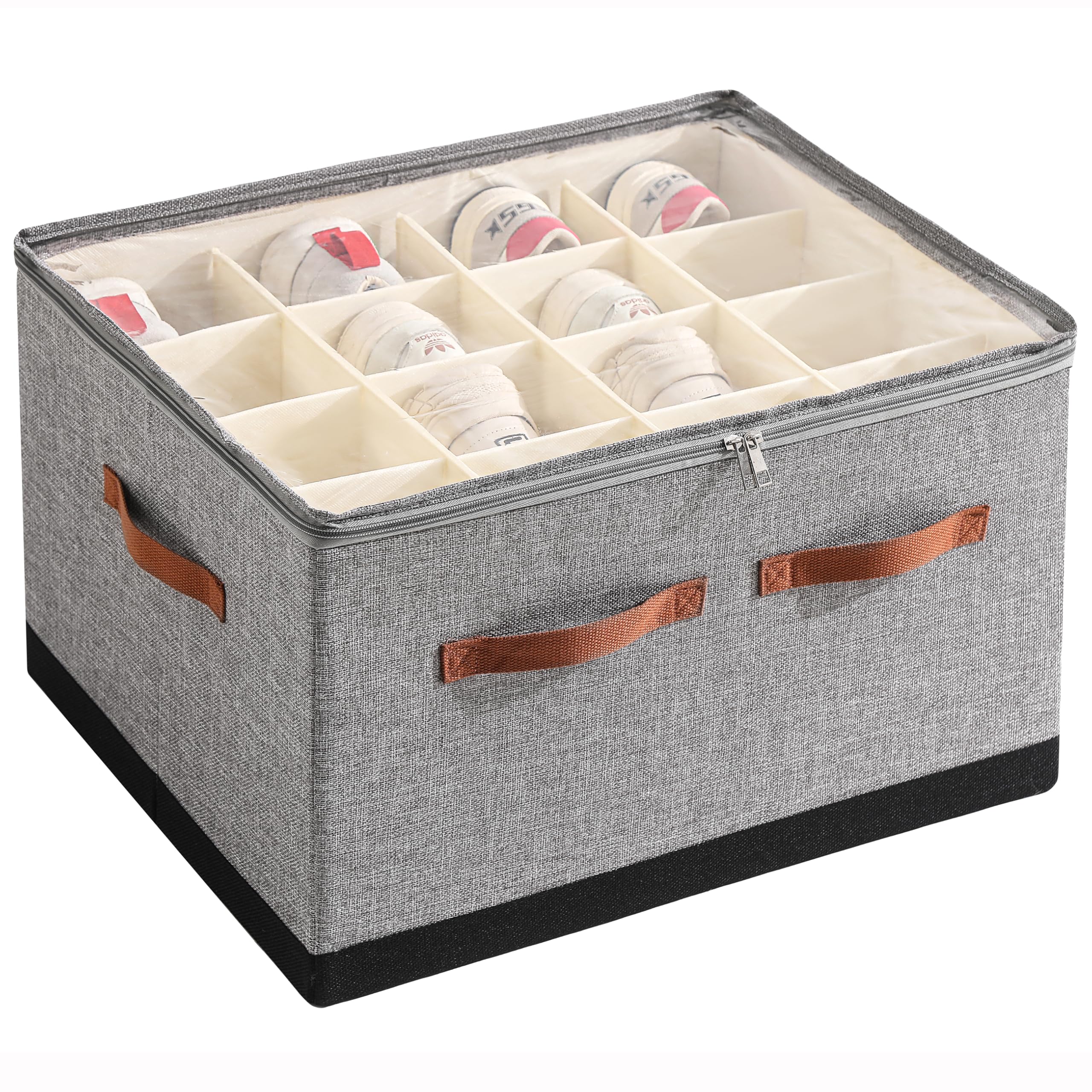 Shoe Organizer for Closet, Foldable Large Shoe Storage Box with Clear Cover, Removable Partitions and Bottom are Supported by Plastic Boards (Grey-Black, 20.5“Lx16.9 Wx13'H)