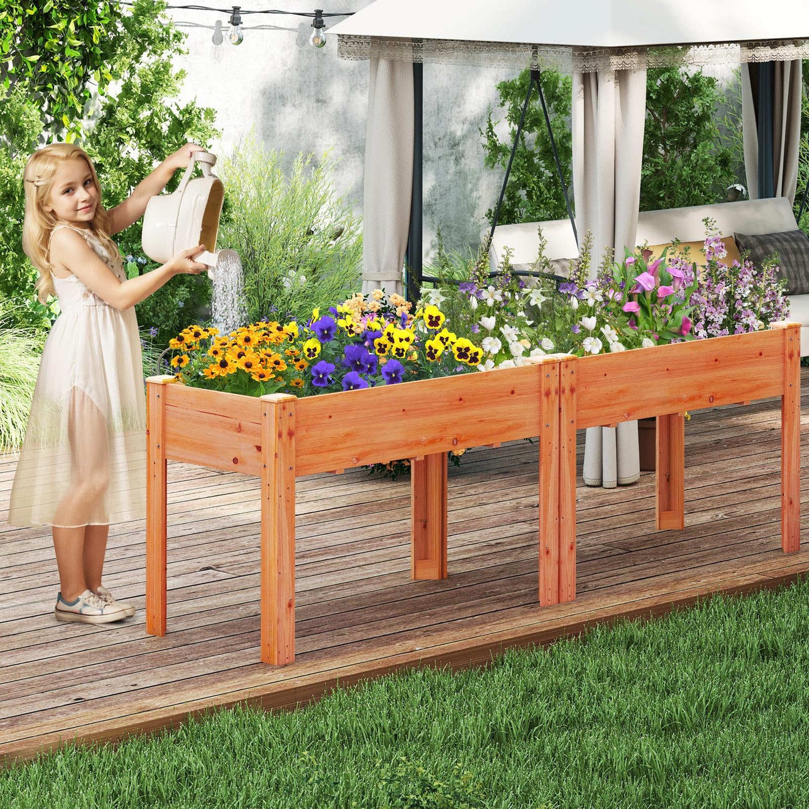 GOPLUS Carré Potager sur Pieds en Bois de Sapin, Jardinière Surélevée Extérieure avec Trou de Drainage, pour Fleurs, Légumes et Fruits, 120,5x60,5x81,5CM (Orange)