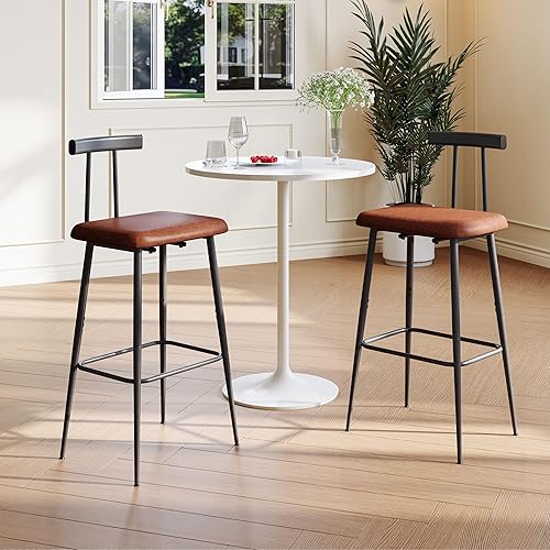 Miniatura 6 de Juego de 2 taburetes de bar altos con respaldo y reposapiés, sillas de bar de altura de mostrador, taburetes de bar industriales con cojín de piel