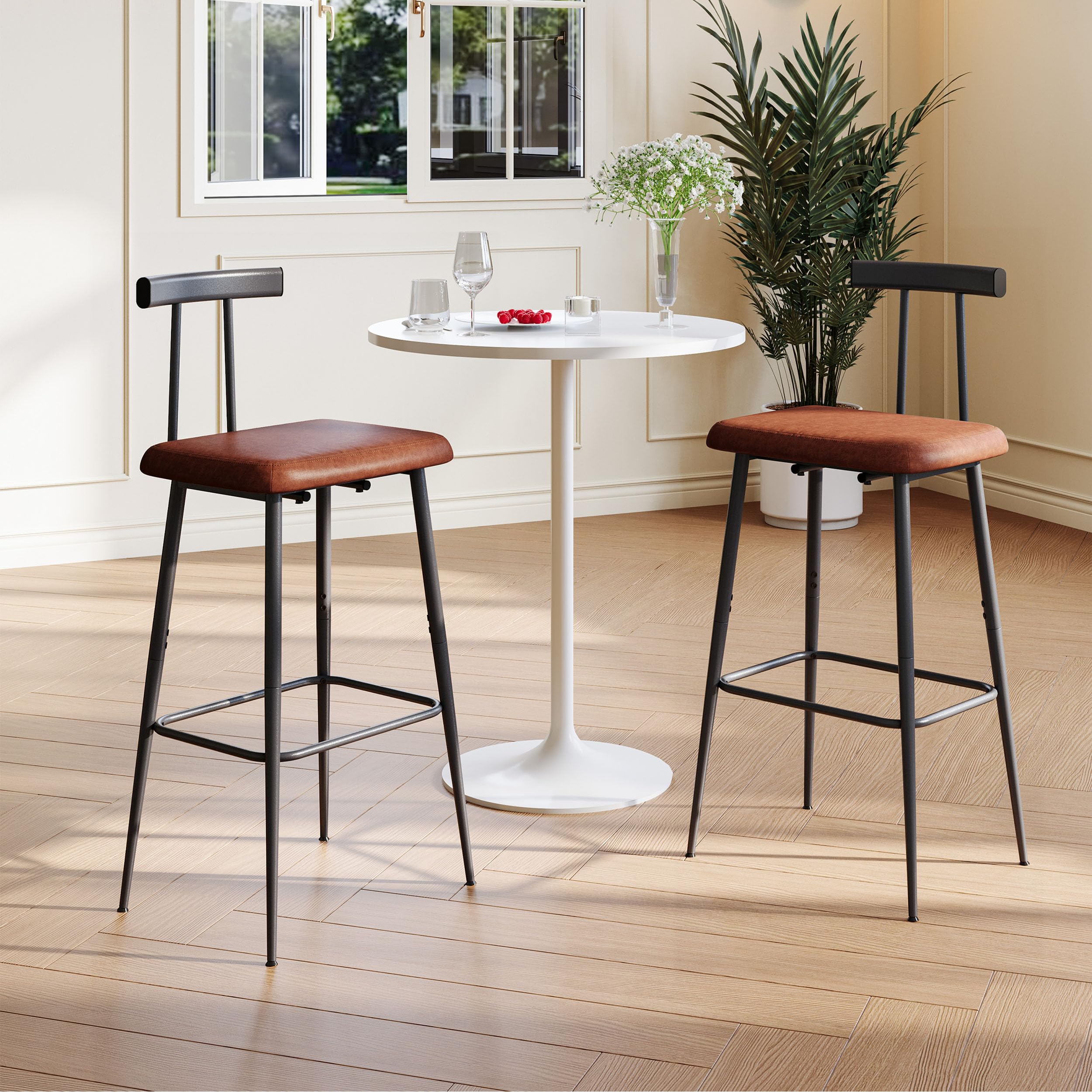 Sgabelli Bar Set di 2 Sgabelli Cucina Moderni Design con Poggiapiedi e Schienale Sgabello Alto Struttura in Metallo Imbottiti in PU per Cucina Bar Sala da Pranzo Marrone Rustico KBS515R
