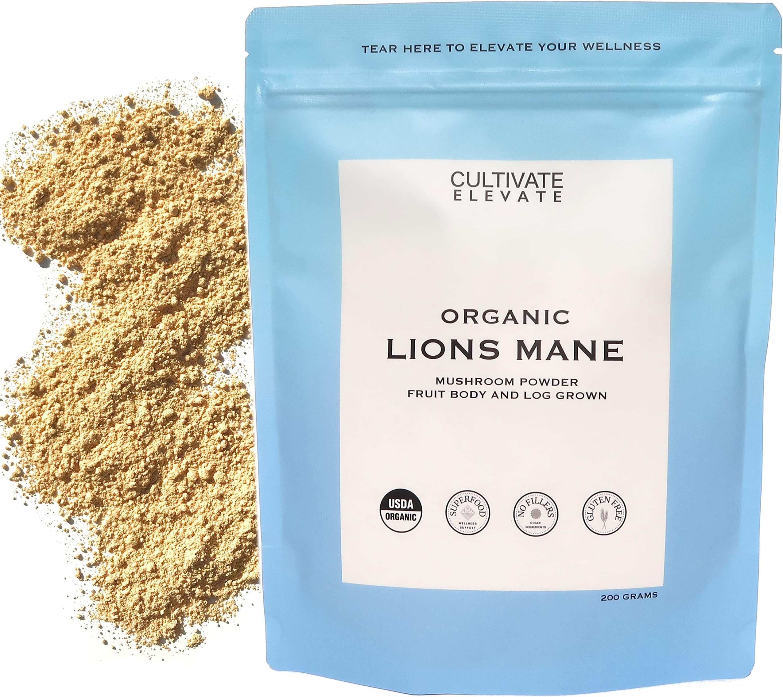 Truly Eco Friendly USDA Organic Lions Mane Mushroom Powder - 100 Servings - Log Grown 100% Fruit Body, Vegan, Memory, Focus, Cognition, Mental Clarity, Nerve Health, 200g