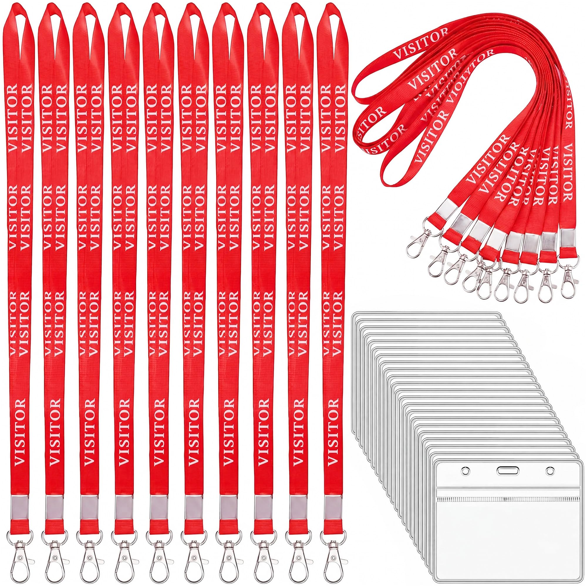 Visitor Lanyards Red with ID Card Holders Volunteers Laynard Metal Clip, Strong Nylon Neck Straps Visitors Badge Holder for Workplace, Event Use White Words