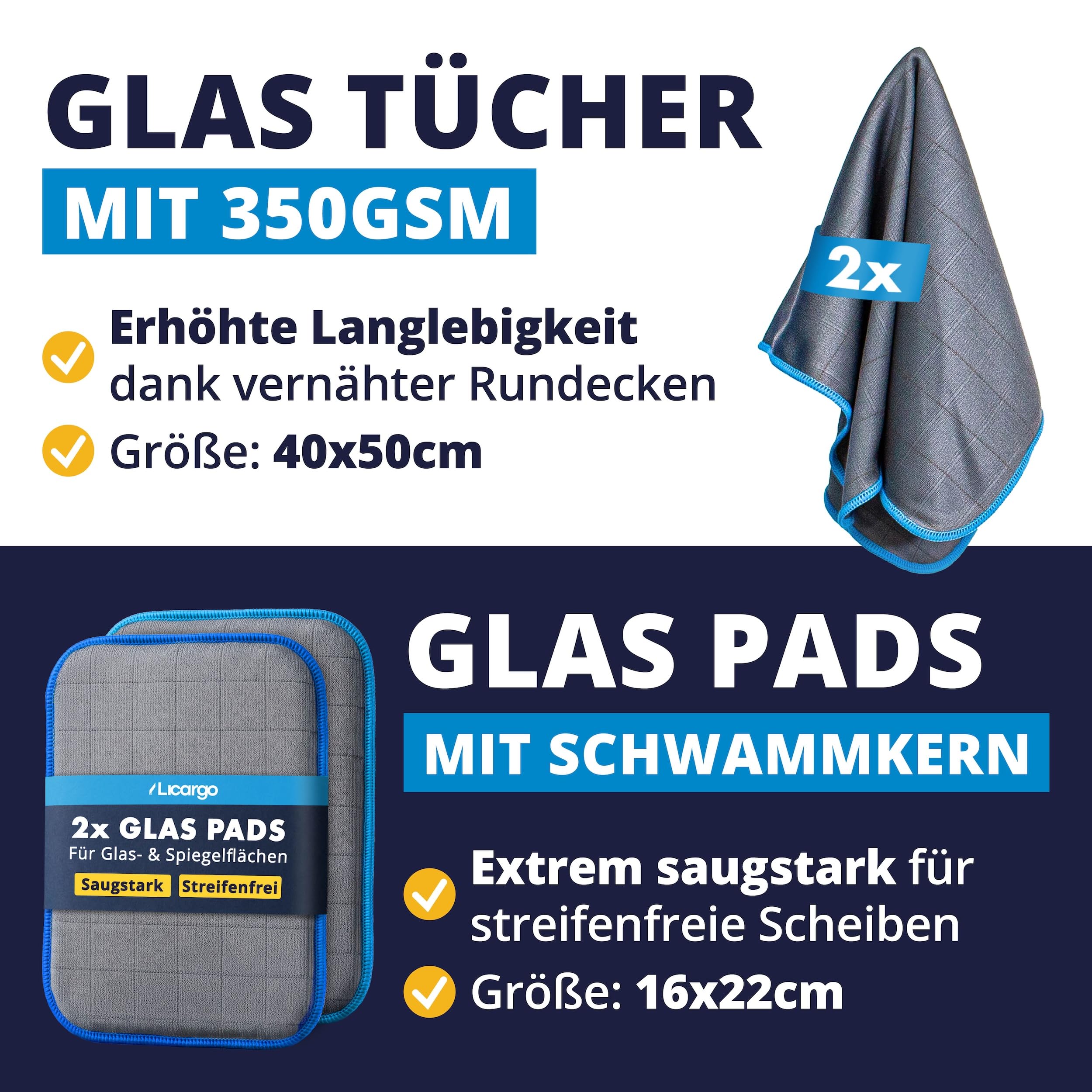 LICARGO Scheiben Set Pro Pads - 2x Glasreiniger Auto (750ml) - 1x Scheibenversiegelung Auto (250ml) - Scheibenreiniger Konzentrat 1:100 (250 ml) - 2x Glas & Scheiben Pads & Carbontücher
