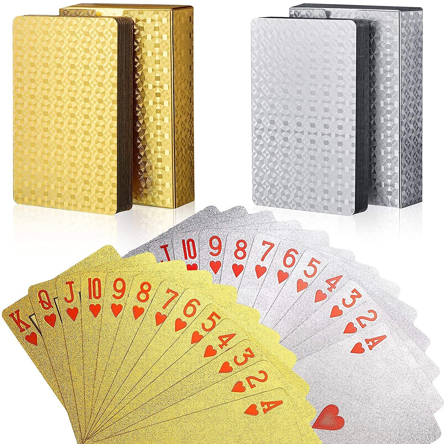 IndusBay® Pack of 2, Gold and Silver Playing Cards Deck, Waterproof PVC Plastic Playing Cards, Flexible PokerCards, Party, Home, Picnic Cards