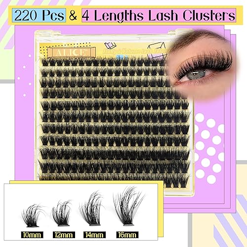 Miniatura 7 de ALICE Kit de extensiones de pestañas de volumen esponjoso, kit de extensión de pestañas gruesas 3D Wispy DIY con 220 pestañas individuales de