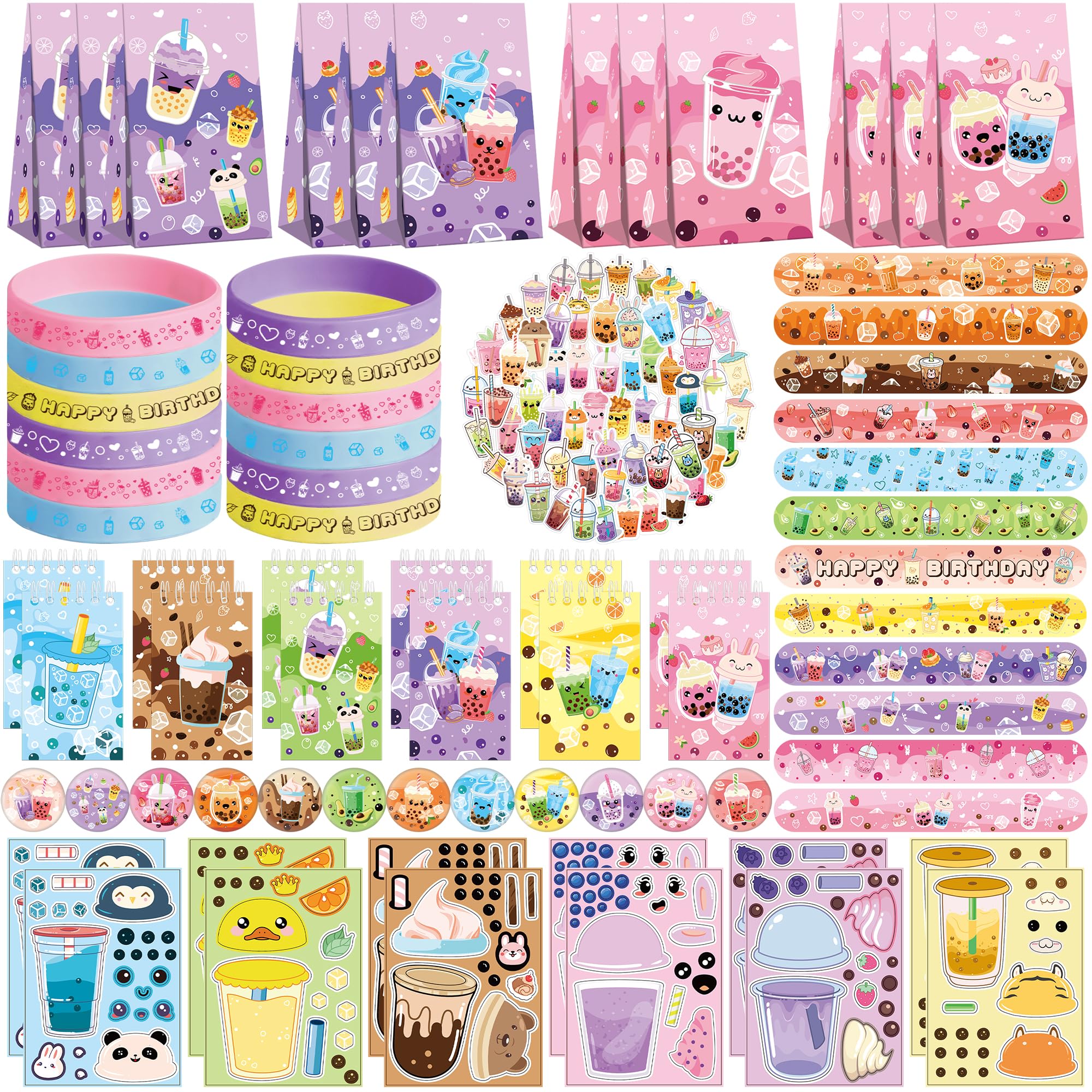 Obussgar Bubble Tea Party Favour Supplies including Milk Tea Gift Bags, Stickers, Badges, Wristbands for Milk Tea Theme birthday party