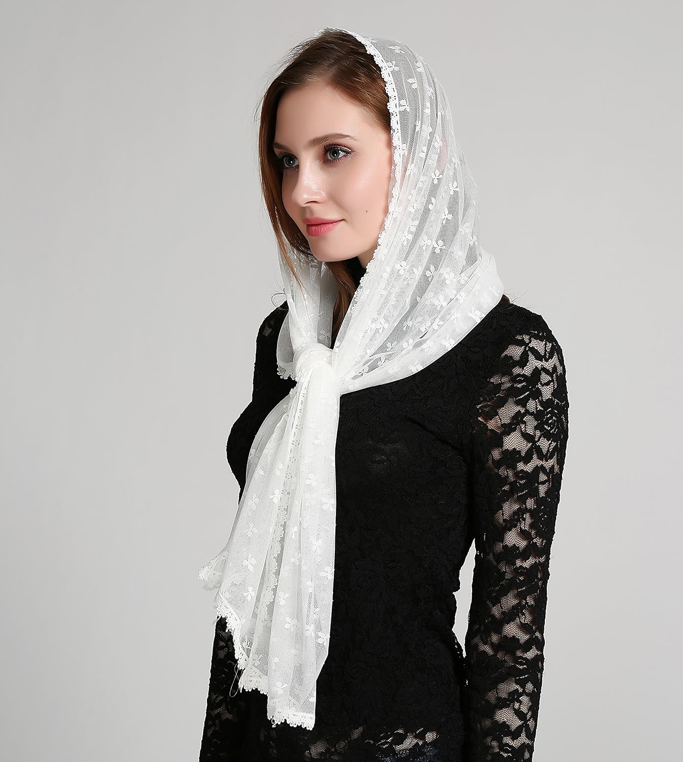 Leimandy Catholic Mantilla Veil Lace Clover Embroidery Infinity Head Cover for Church Wedding v38