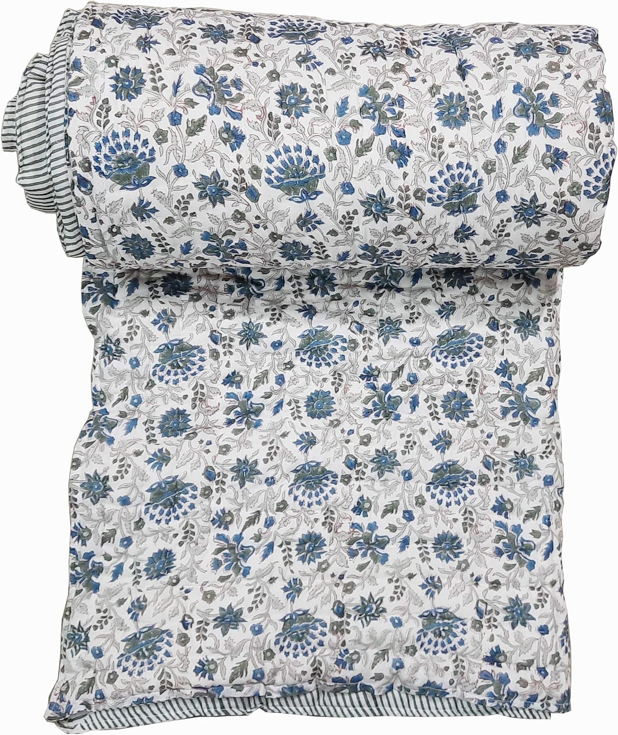 Flower Hand Block Print Quilt, Handmade Quilt, Indian Quilt Twin/Queen/King Size (California King US)