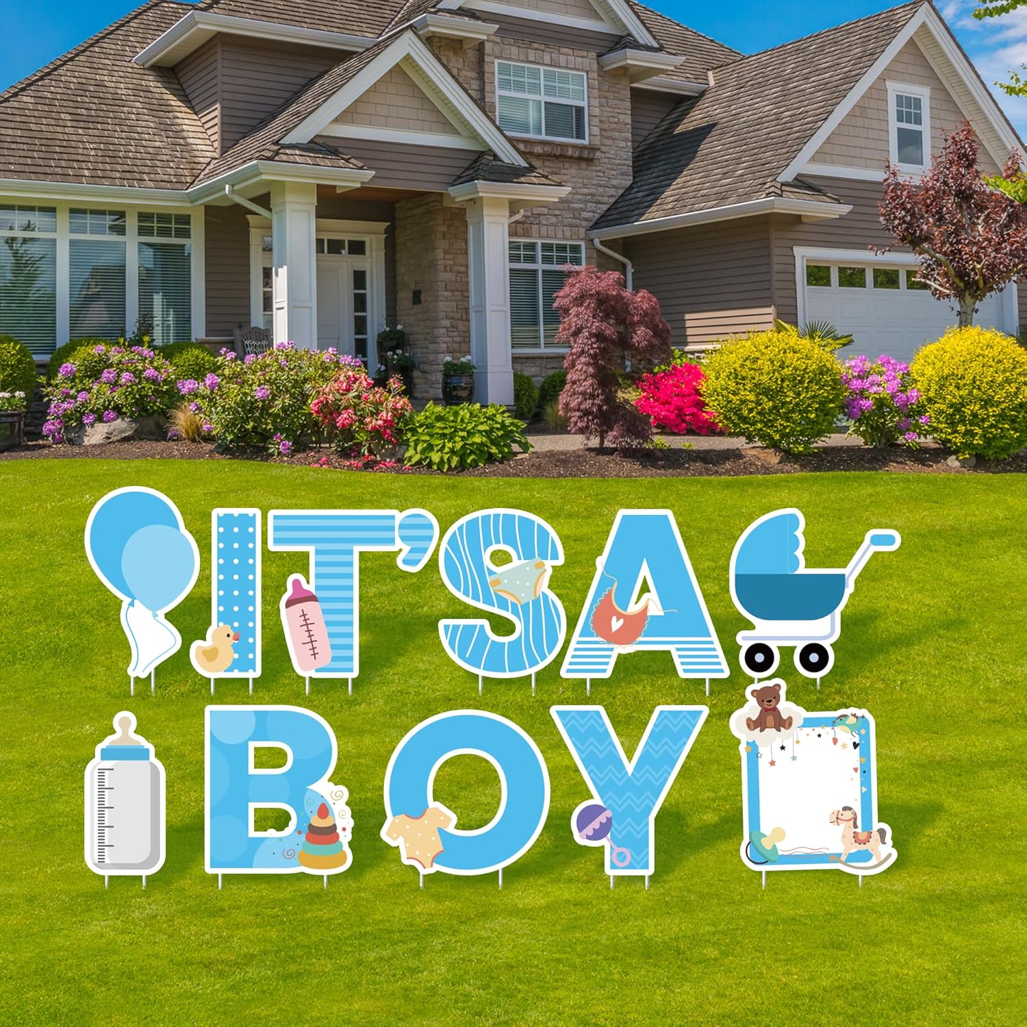 Elcoho 11 Pieces IT’S A Boy Blue Yard Signs with Stakes Includes Letters, Ballon, Baby Bottle, Baby Pacifier Sign for Outdoor Decoration, Gender Reveal Baby Shower, Party Decoration