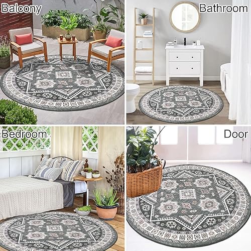 Miniatura 6 de HEBE - Alfombra redonda de medallón bohemio de 4 pies, antideslizante, lavable para sala de estar, alfombra redonda envejecida, alfombra circular