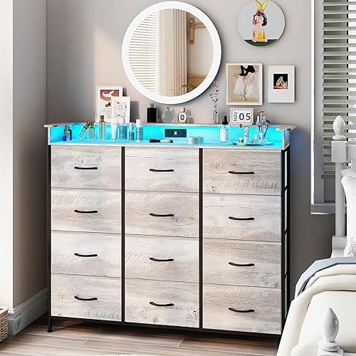 Miniatura 9 de Cómoda Blanca con Luces LED y Estación de Carga para Dormitorio, 12 Cajones, Cómodas y Cajoneras, Cómodas Altas para Pasillo, Entrada, Closets, Sala