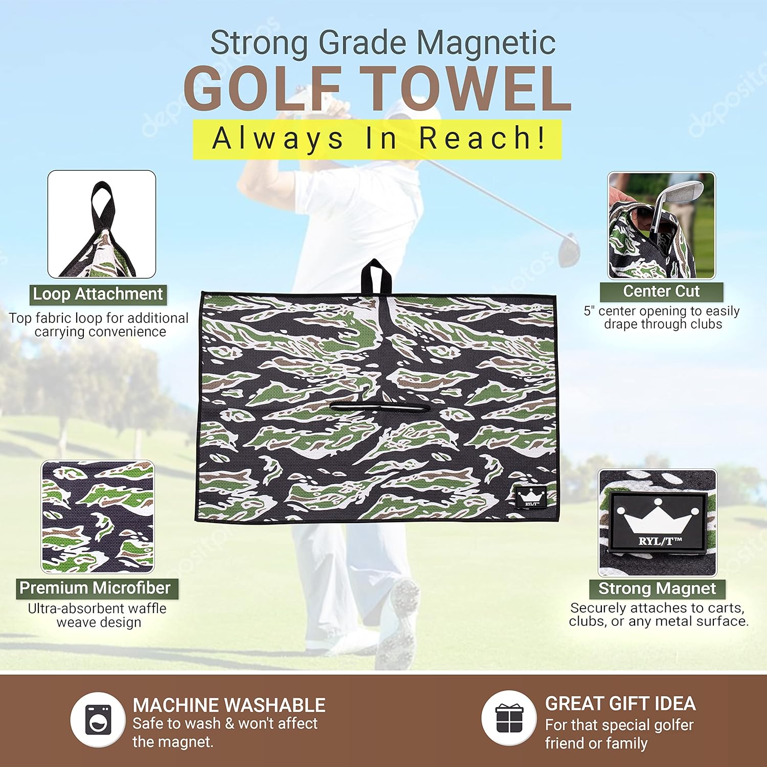 RYL/T Magnetic Golf Towel with Center Cut and Loop Attachment, Strong Magnet Attaches to Anything Metallic, Perfect Golf Bag or Cart Accessory - Image 8