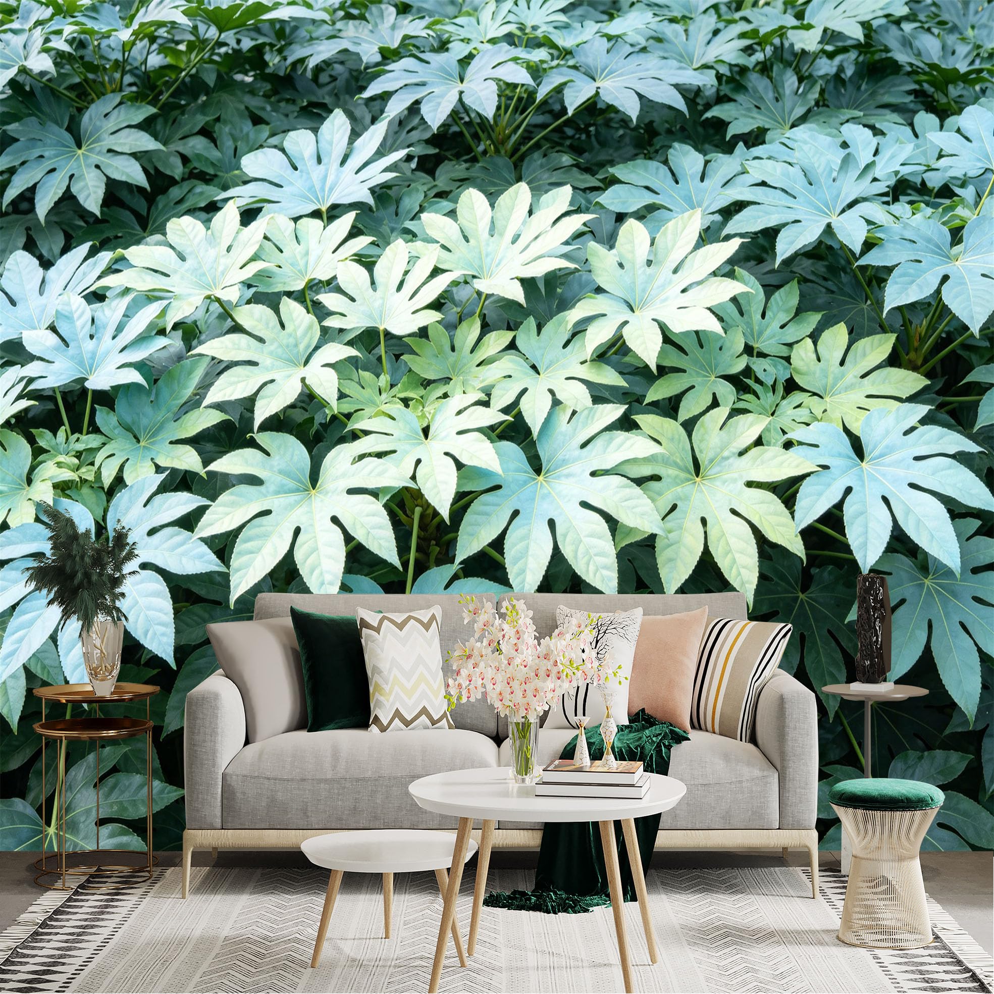 Lnzczhyre Dbh260521349 Custom Size Wall Sticker Mural， Lush Tropical Leaves， Exotic Botanical Pattern， Vibrant Green Foliage， Nature Inspired Art， For Wall Decoration， Peelandstick Wall Decals.