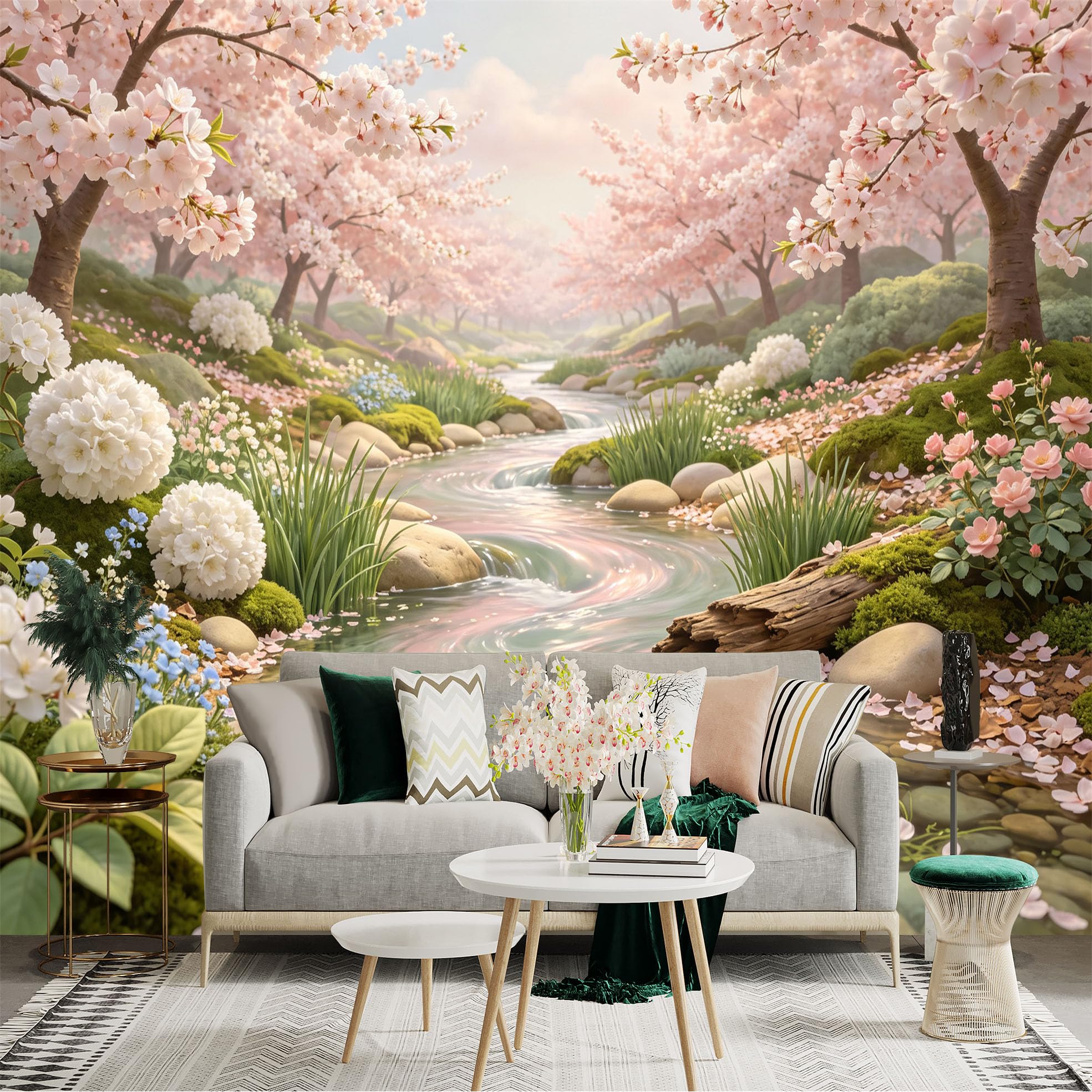 Lnzczhyre Bh260719757 Custom Size Wall Sticker Mural， Pink Cherry Blossom Trees， Serene Flowing Stream， Peaceful Floral Garden Landscape， For Wall Decoration， Peelandstick Wall Decals.