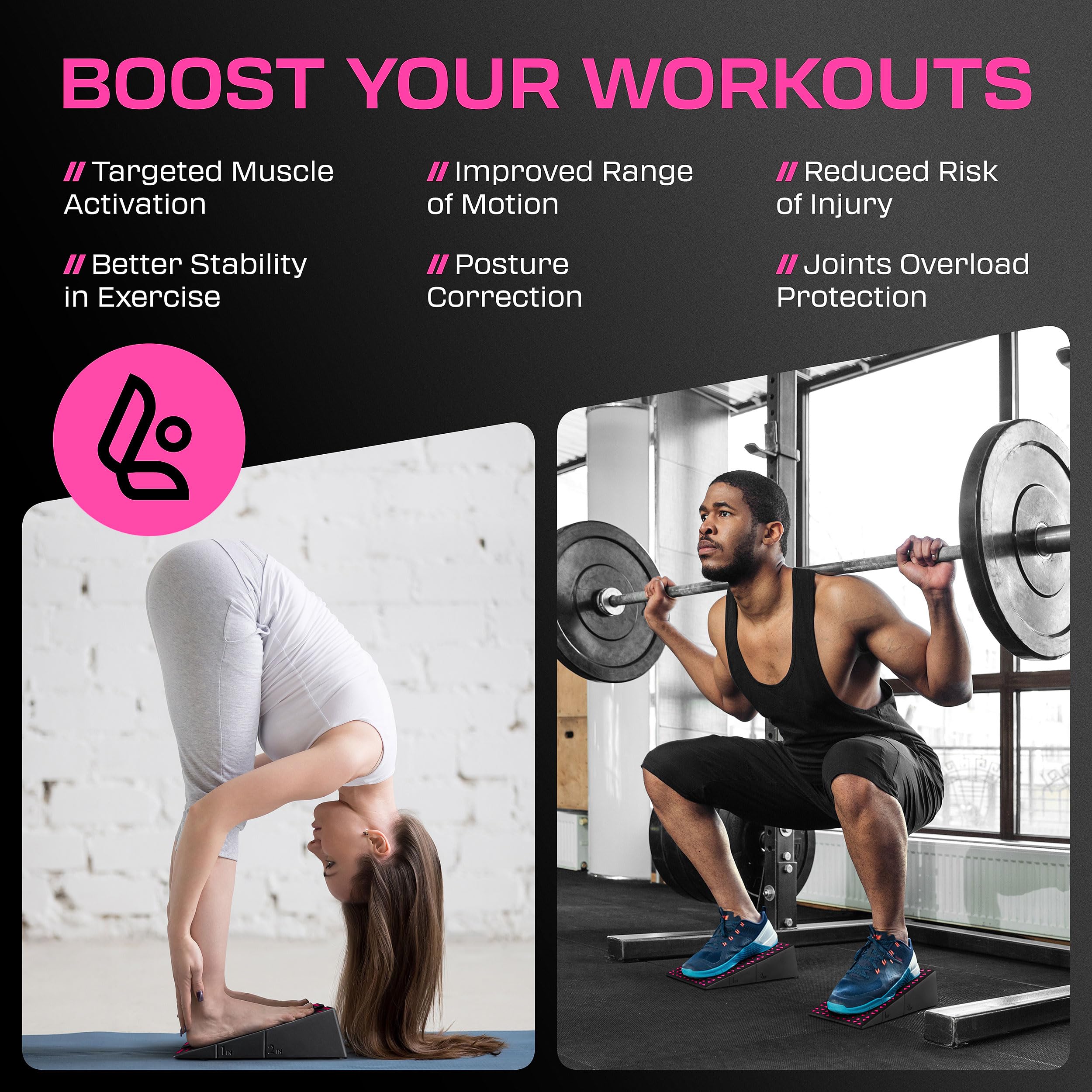 Squat Wedge Block Pair - Non Slip Squat Wedges & Ramp for Exercise, Home Gym, Weight Lifting & Yoga - Calf Stretcher Slant Board to Elevate Heels, Improve Ankle Mobility, Backpack Included for Storage