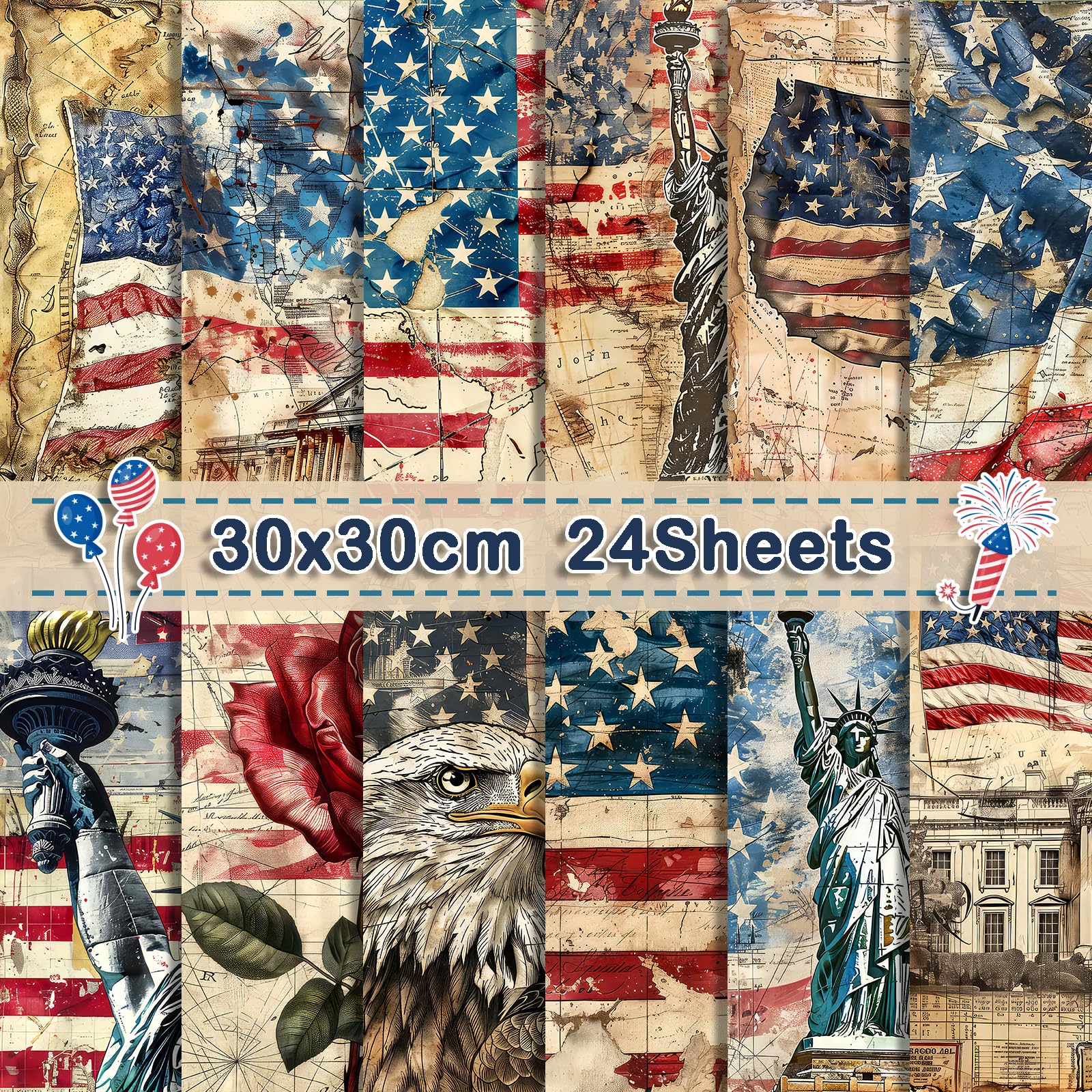 Photo 1 of 24 Sheets Retro Patriotic Scrapbook Paper, 11.8x11.8'' Red Blue Stars Stripes Patterns Decorative Craft Paper Folded Flat for 4th of July Card Making Veteran's Day Photo Album Decor (D)