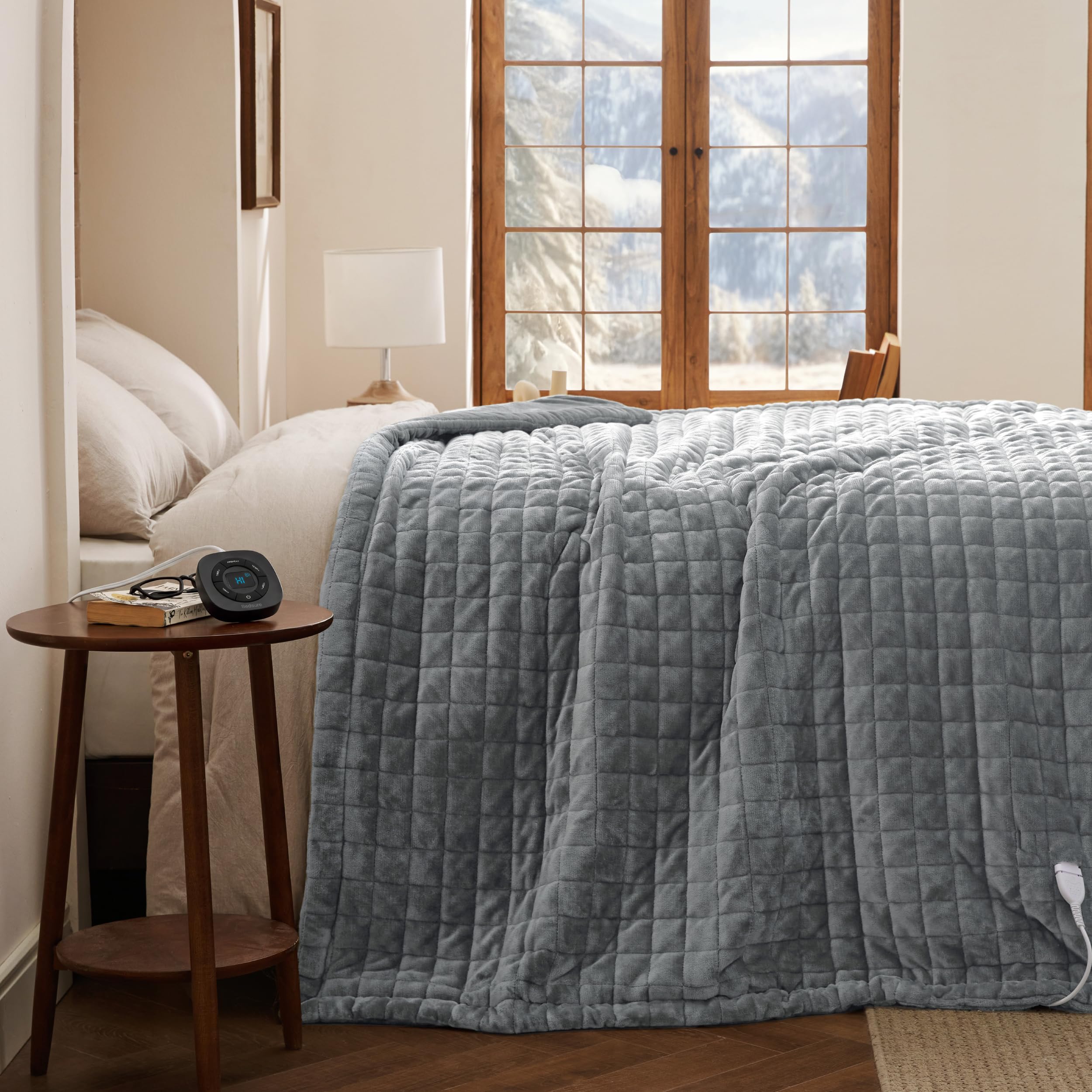 Bedsure Luxury Quilted Heated Blanket Twin, Thick Electric Blanket, Gray