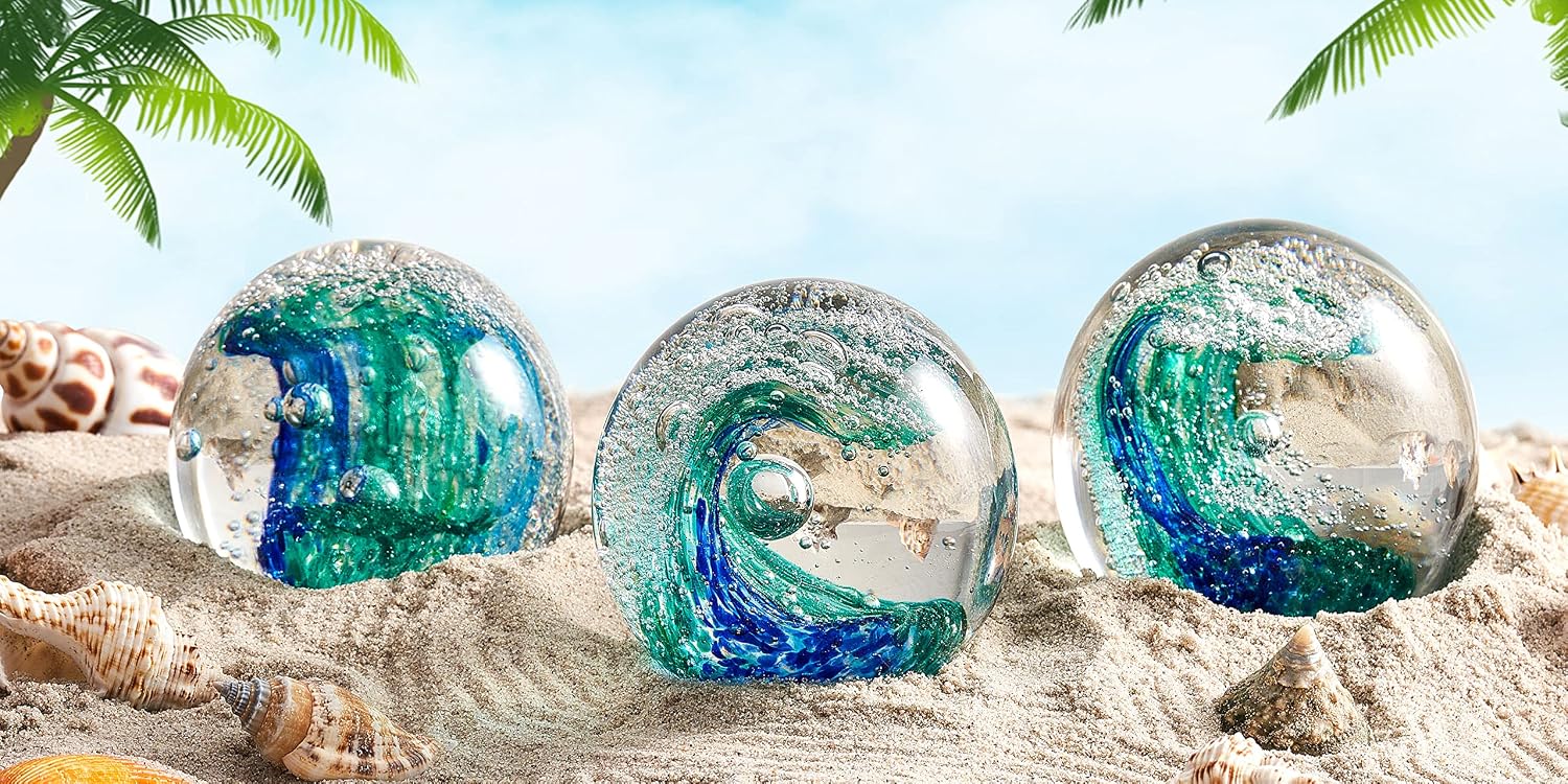 EUSTUMA Hand Blown Glass Figurines Ornament,Sea Animal Ornament for Fish Tank Aquarium,Sea Animals Collection for Birthday Gift,Paperweight Glass Ball (Wave Paperweight)