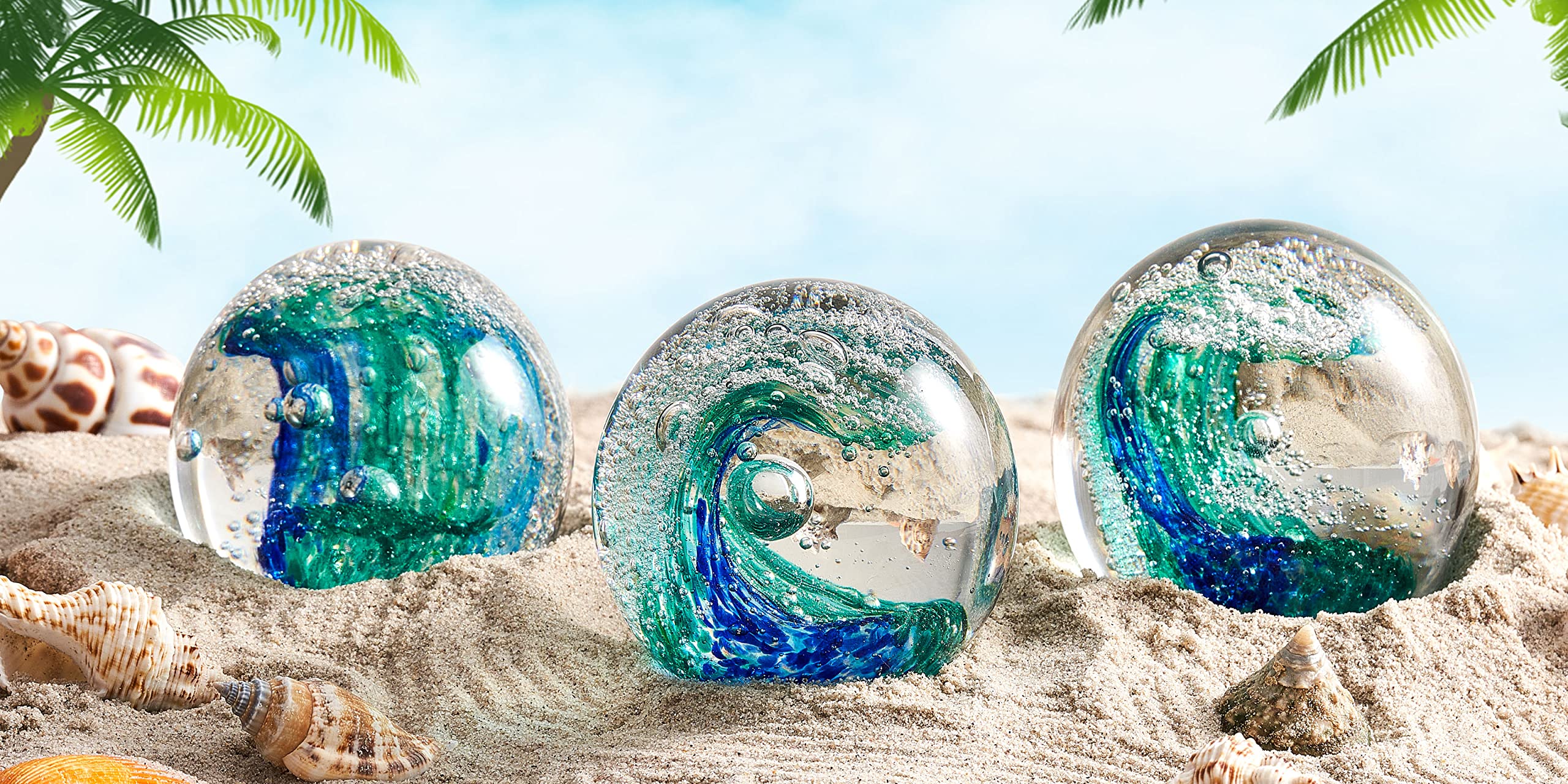 EUSTUMA Statuetta in vetro soffiato a mano con onde oceaniche, palla di vetro fermacarte, decorazione per la casa e l'ufficio per gli amanti dell'acquario
