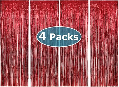 Miniatura 4 de Allgala 4PK 3.3 x 9.8 pies (3.3 x 9.8 ft) cortinas de fondo de fotos de fiesta de oropel metálico para decoración de puerta con flecos, rojo-BD52605